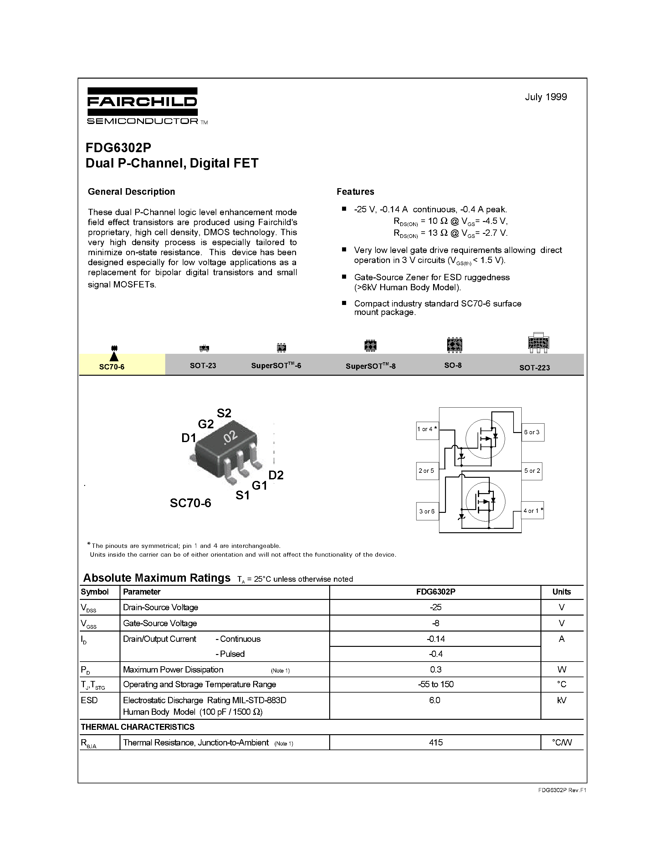 Datasheet FDG6302 - Dual P-Channel/ Digital FET page 1