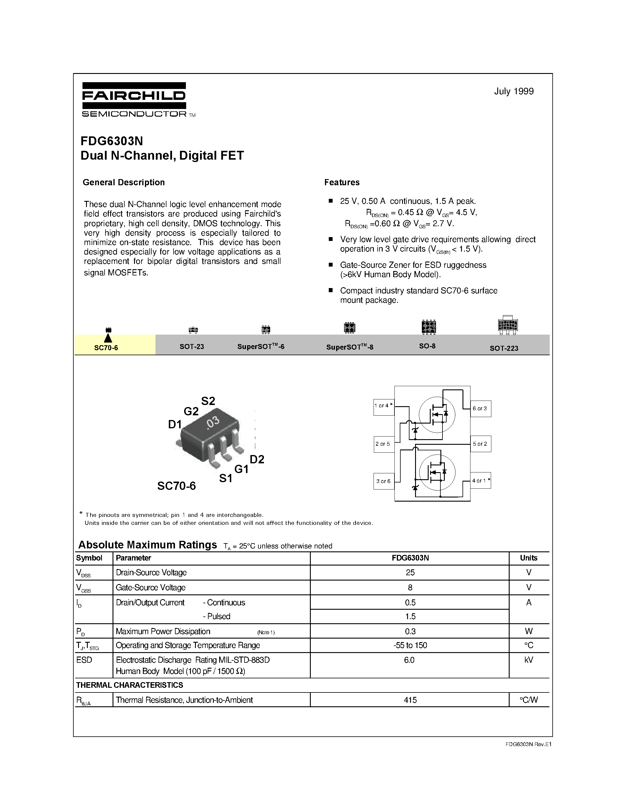 Datasheet FDG6303 - Dual N-Channel/ Digital FET page 1