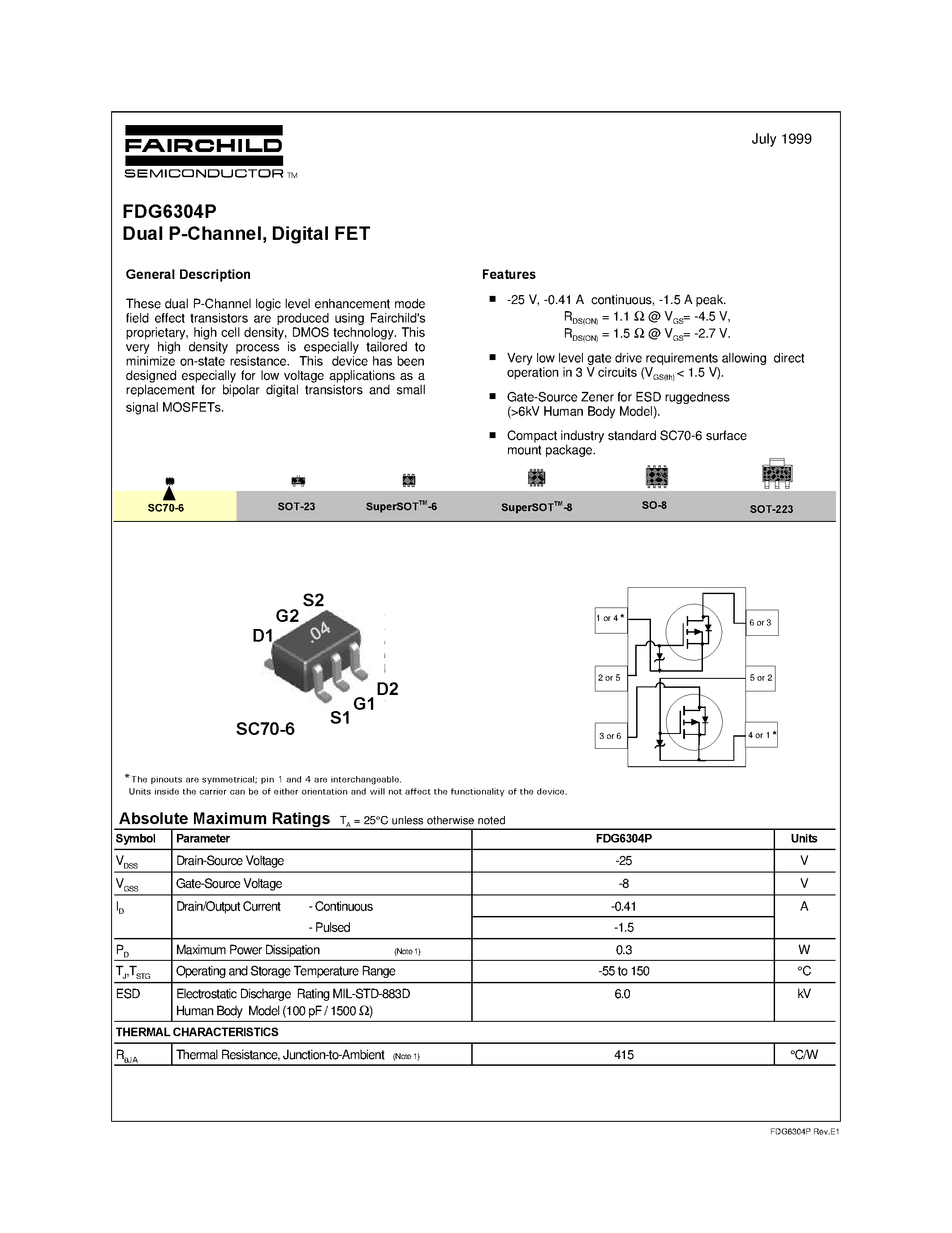 Datasheet FDG6304 - Dual P-Channel/ Digital FET page 1
