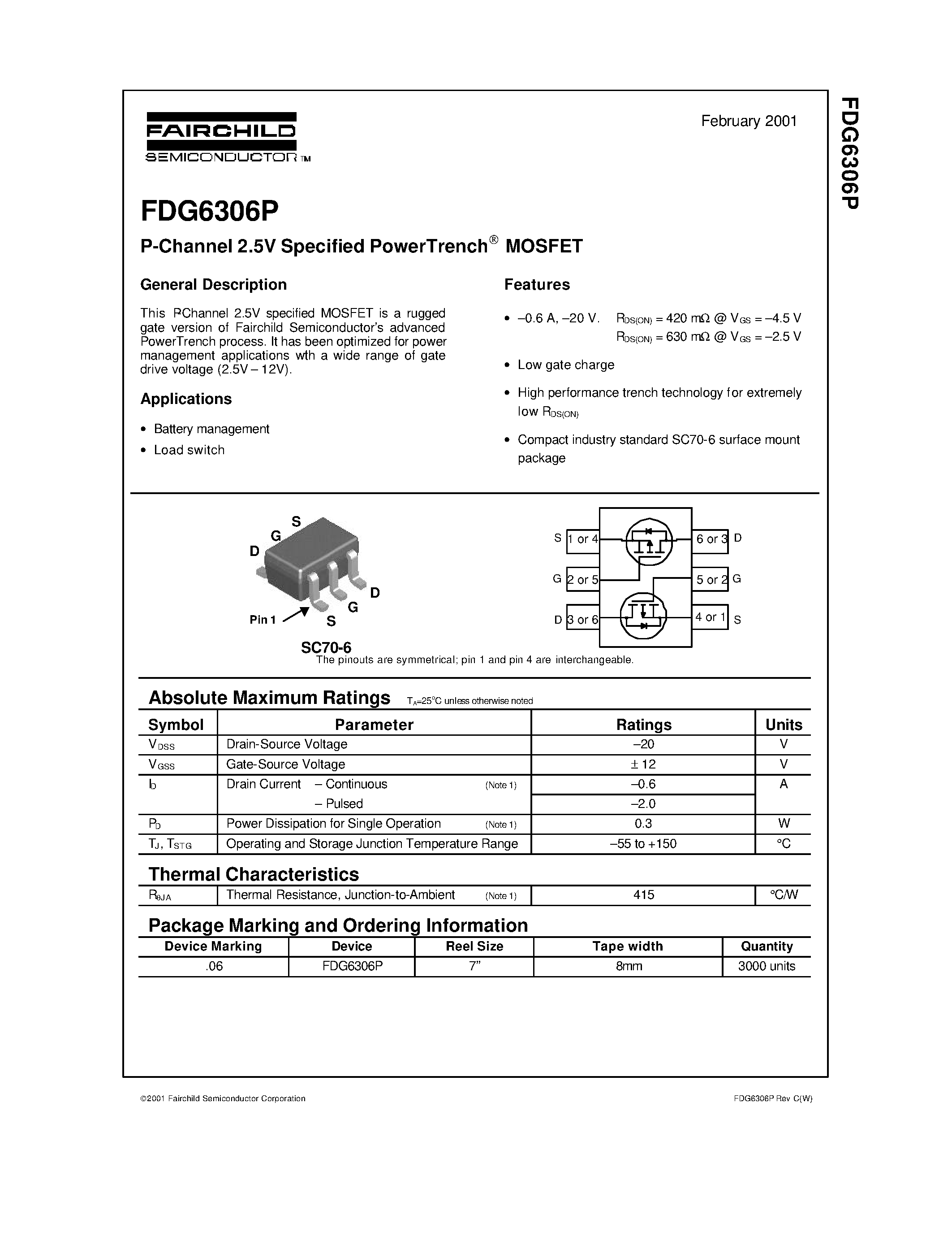Даташит FDG6306P - P-Channel 2.5V Specified PowerTrench MOSFET страница 1