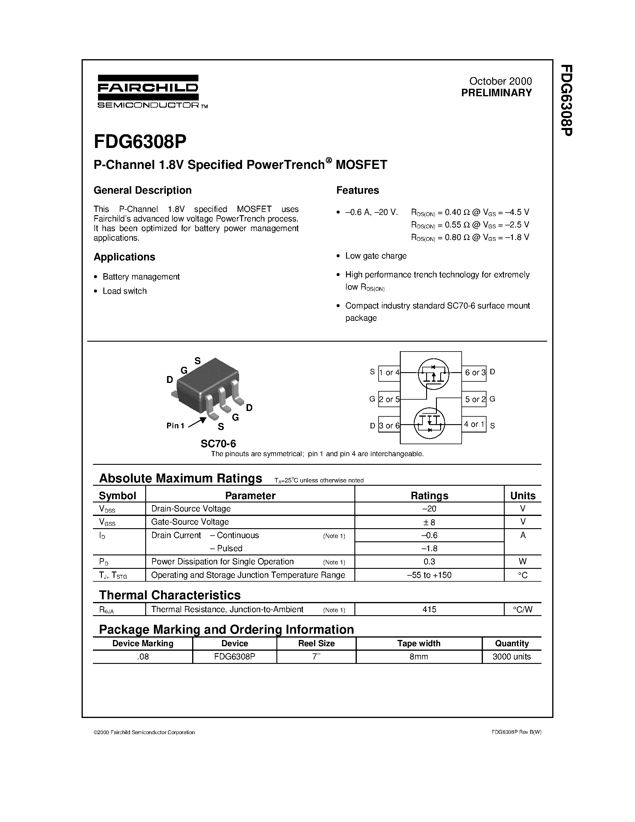 Даташит FDG6308 - P-Channel 1.8V Specified PowerTrench MOSFET страница 1