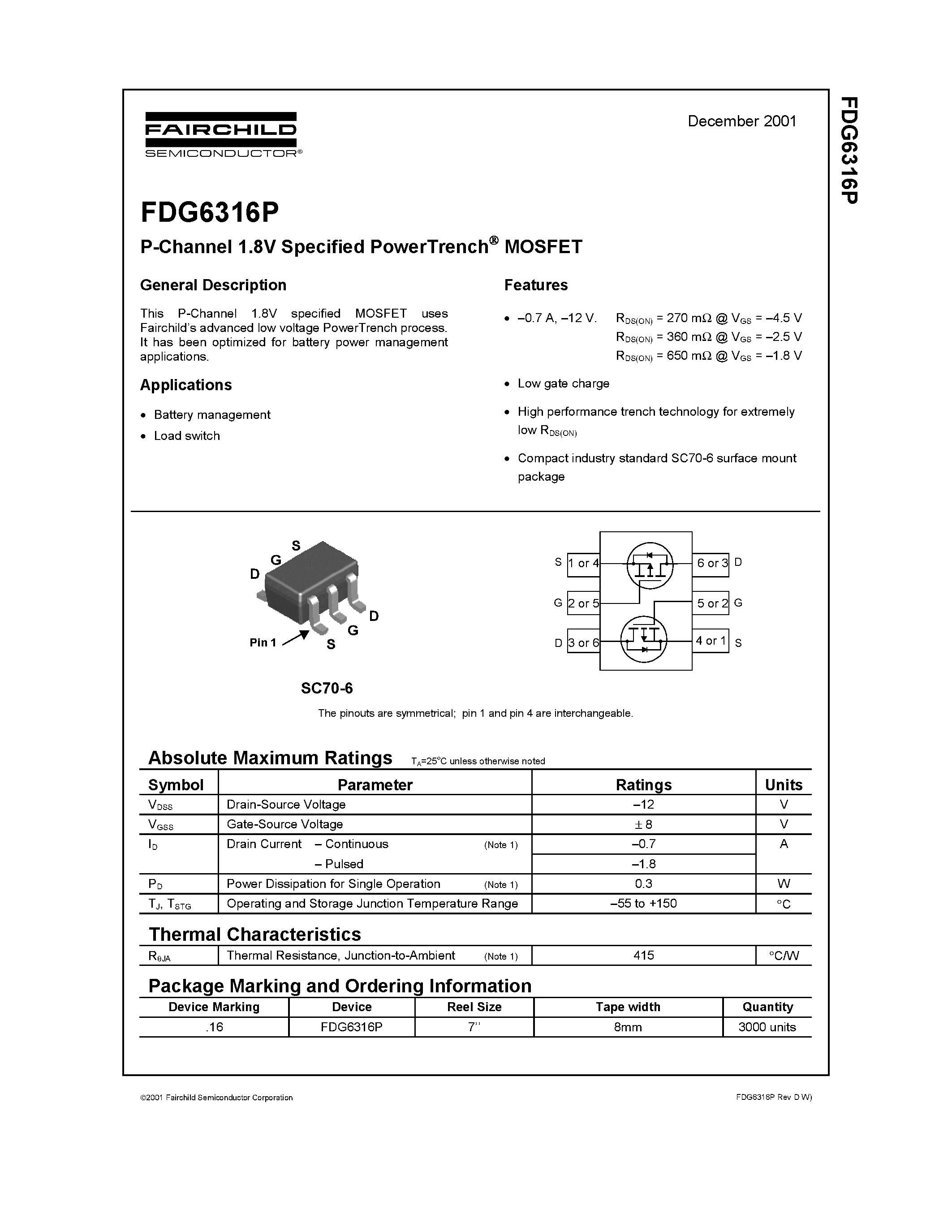 Даташит FDG6316 - P-Channel 1.8V Specified PowerTrench MOSFET страница 1