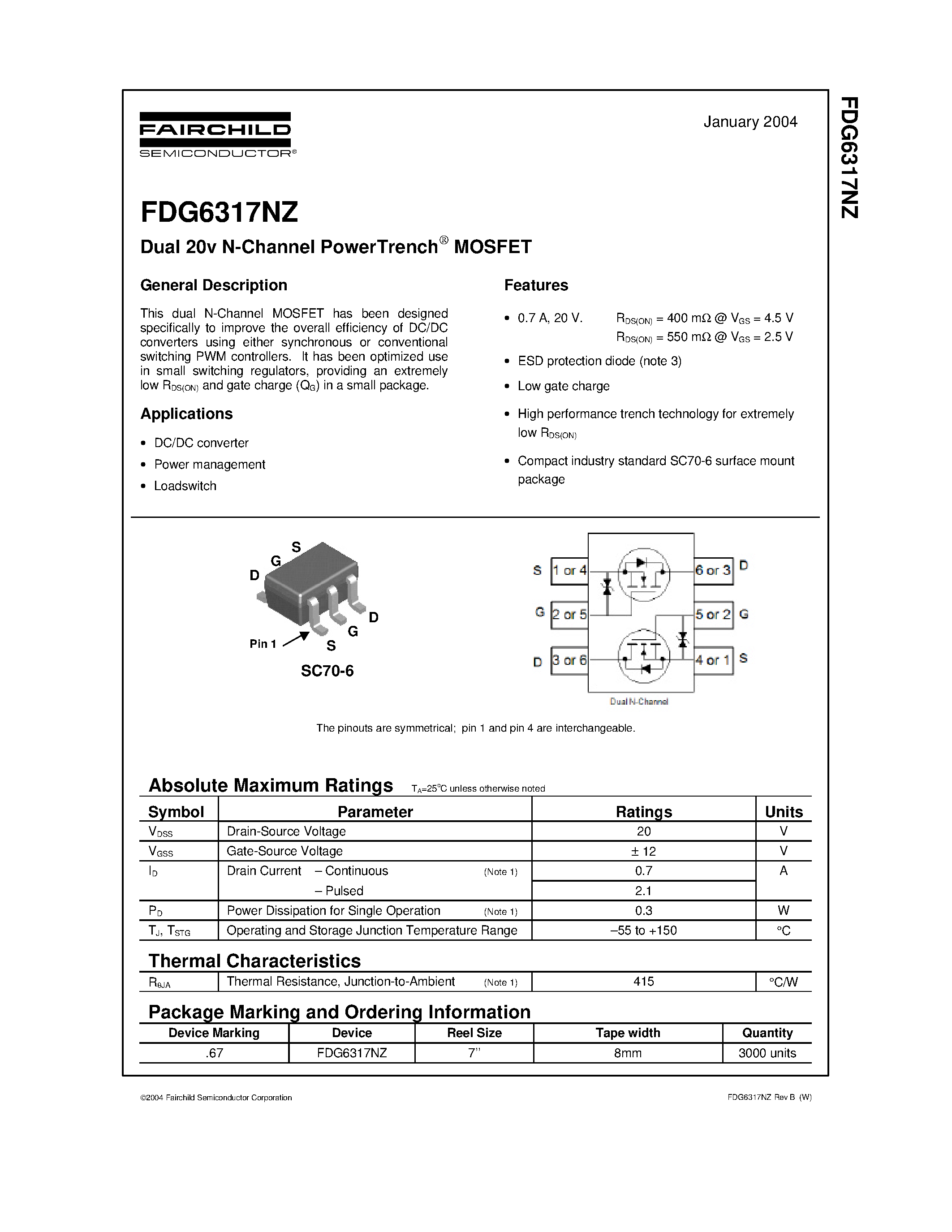 Даташит FDG6317NZ - Dual 20v N-Channel PowerTrench MOSFET страница 1