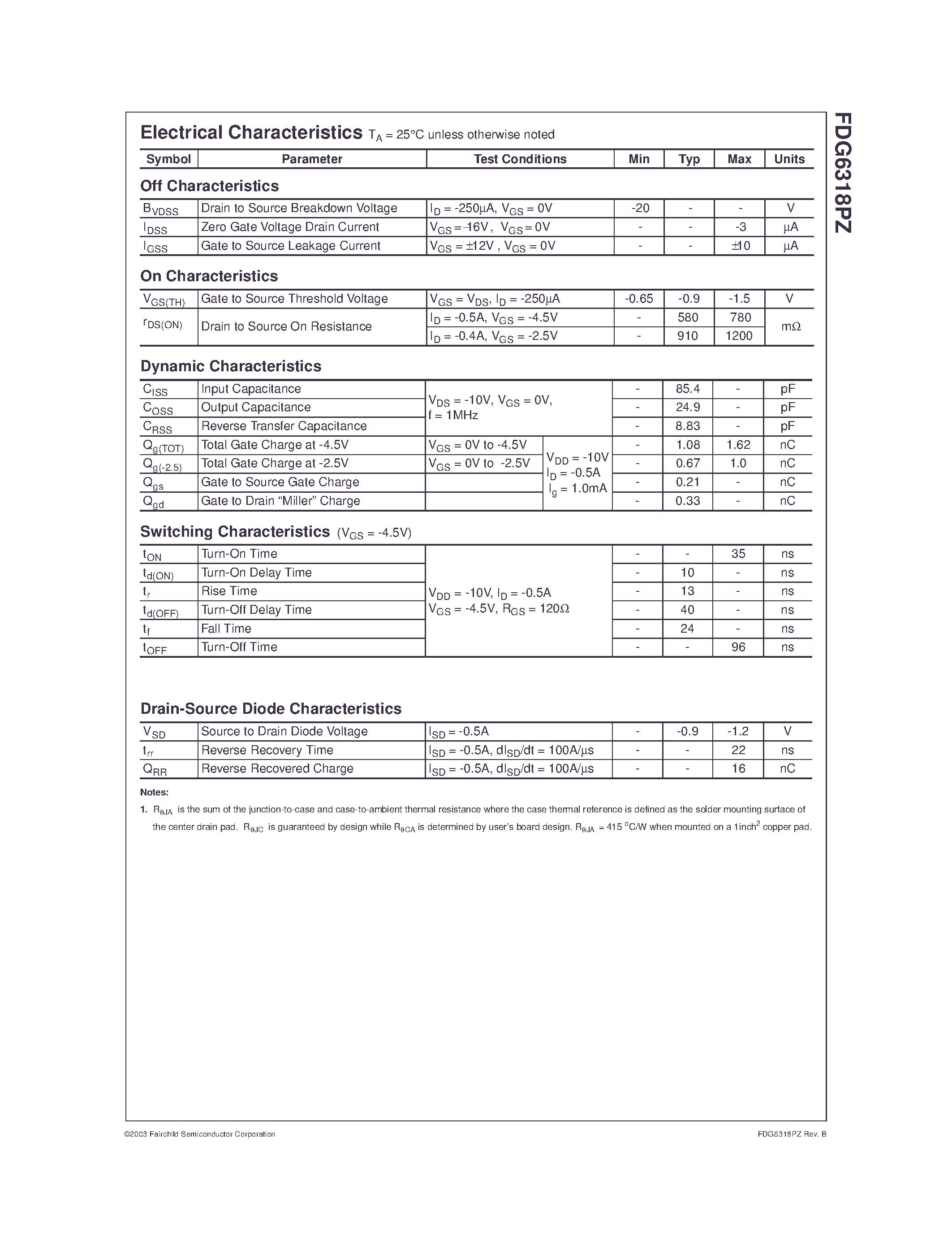 Datasheet FDG6318PZ - Dual P-Channel/ Digital FET page 2