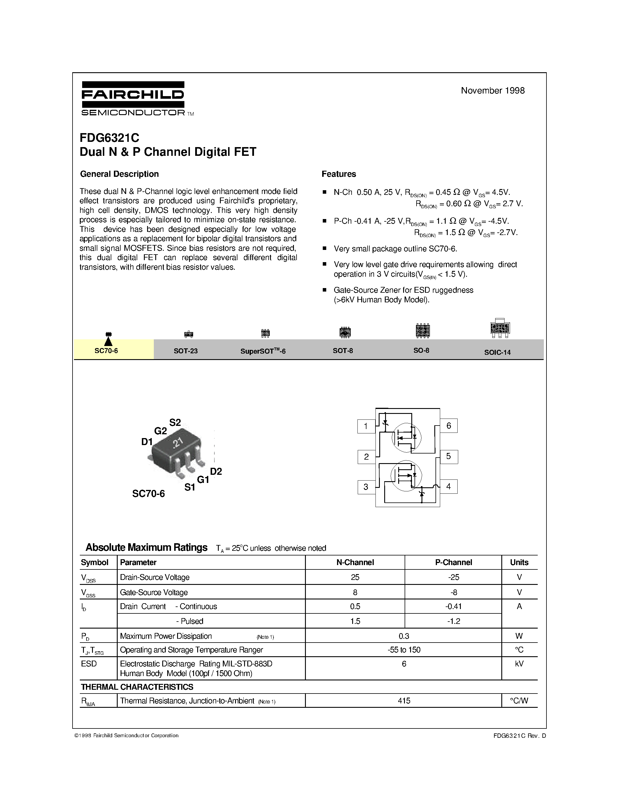 Datasheet FDG6321C - Dual N & P Channel Digital FET page 1