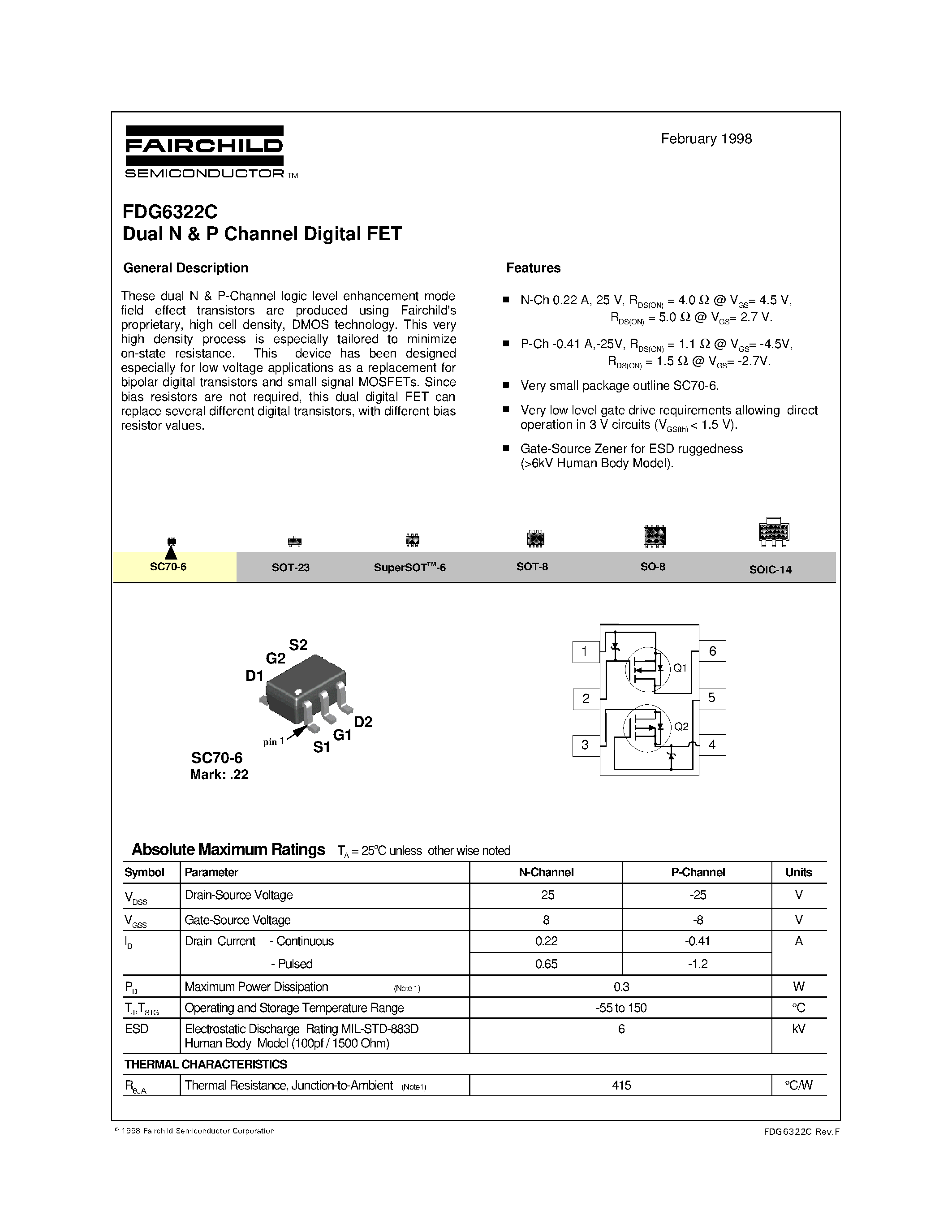 Datasheet FDG6322C - Dual N & P Channel Digital FET page 1