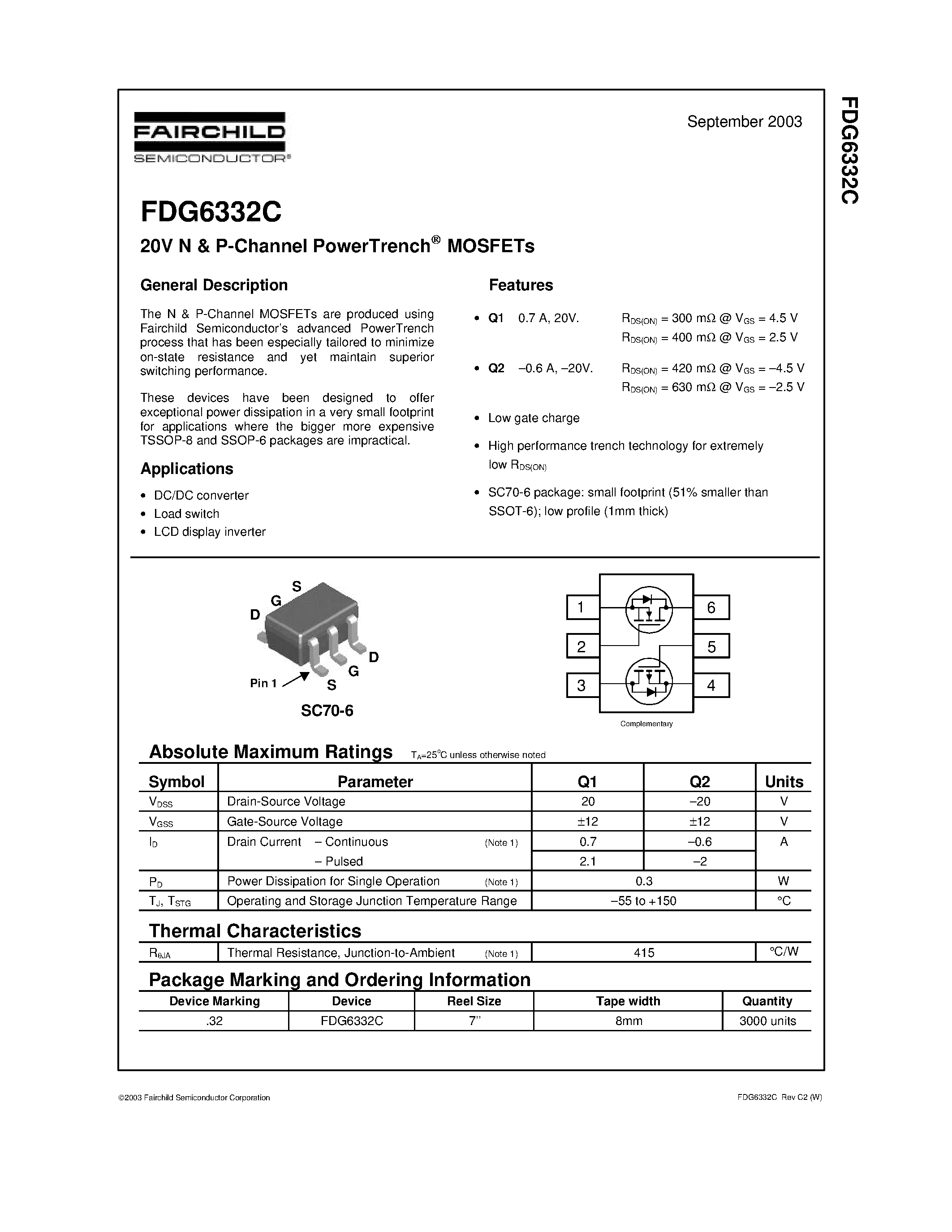 Даташит FDG6332C - 20V N & P-Channel PowerTrench MOSFETs страница 1