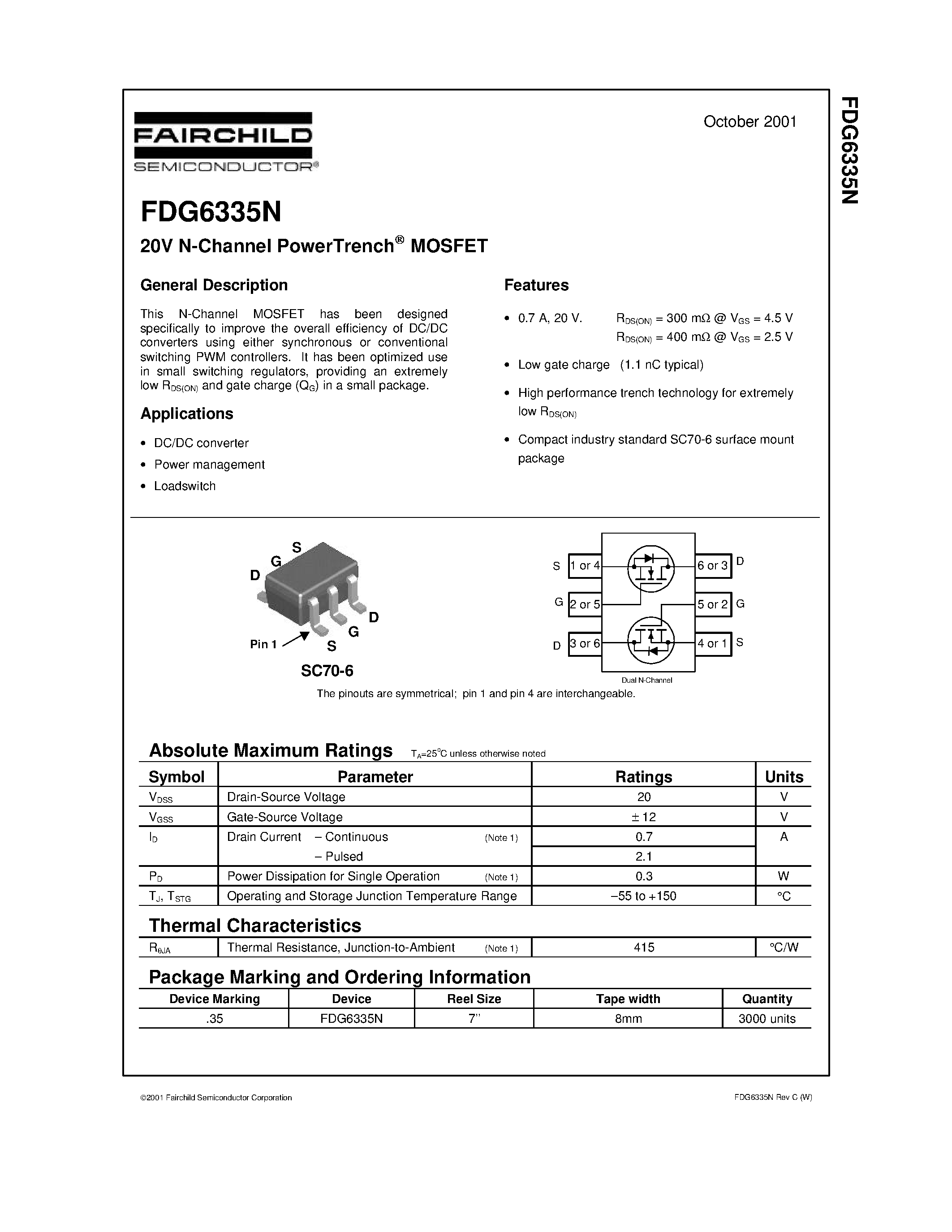 Datasheet FDG6335N - 20V N & P-Channel PowerTrench MOSFETs page 1