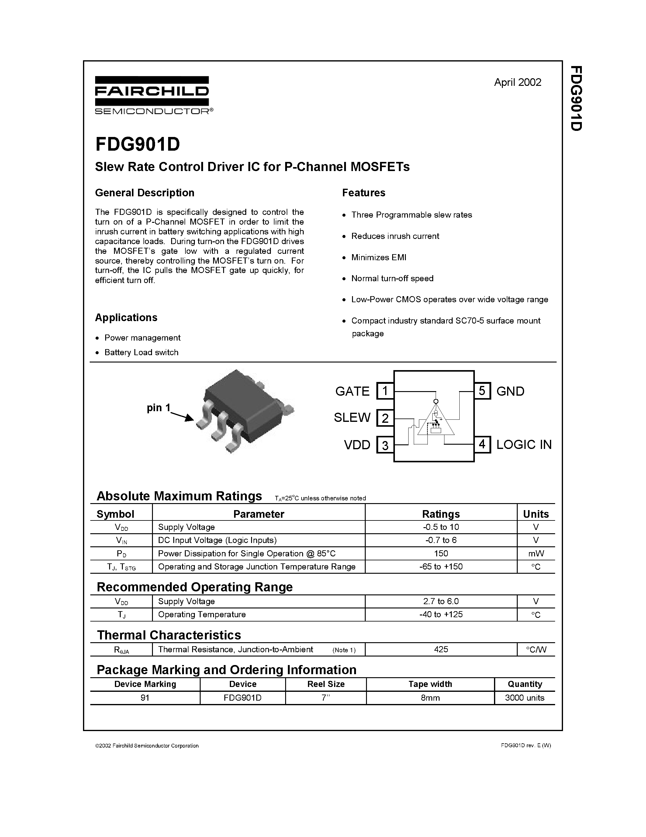 Datasheet FDG901D - Slew Rate Control Driver IC for P-Channel MOSFETs page 1