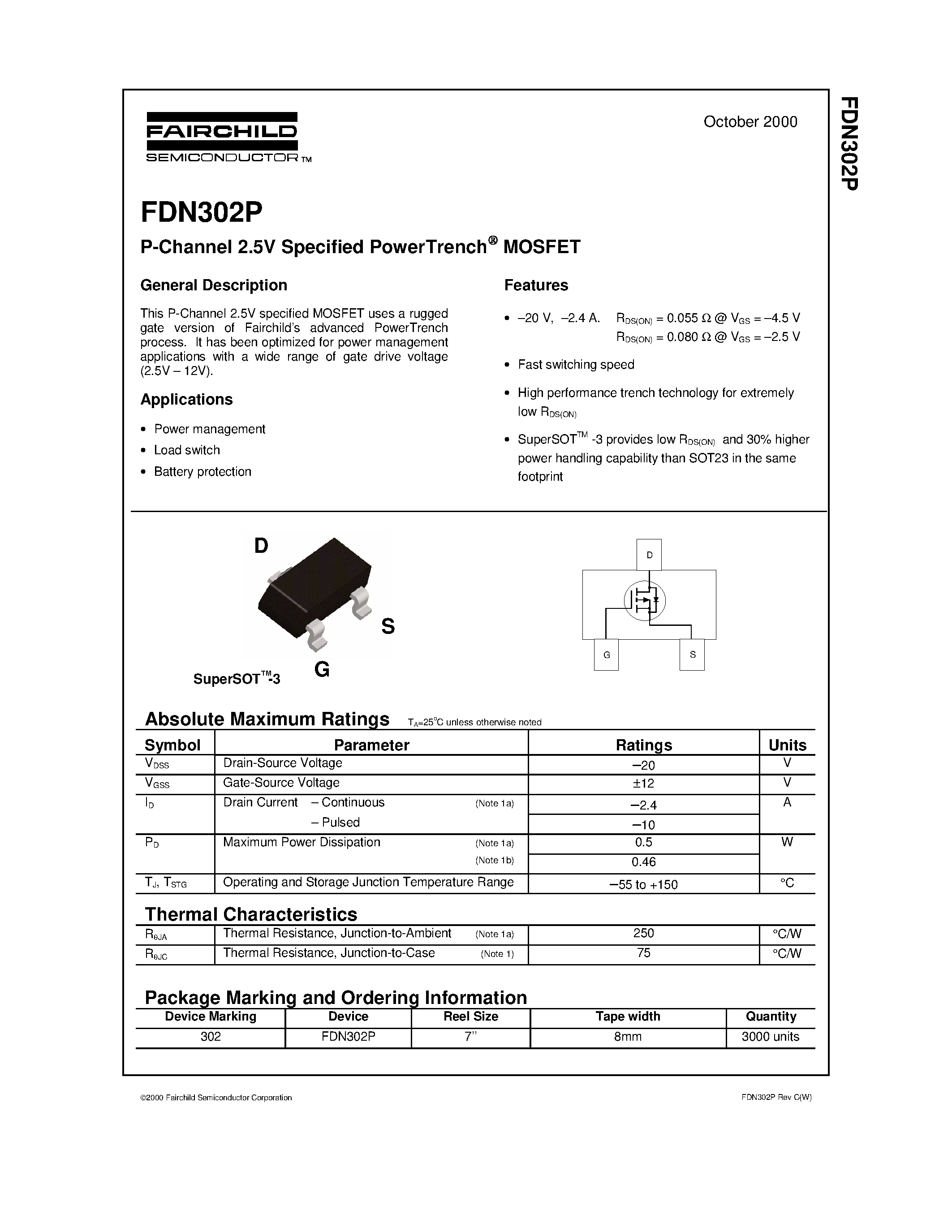 Datasheet FDN302P - P-Channel 2.5V Specified PowerTrench MOSFET page 1