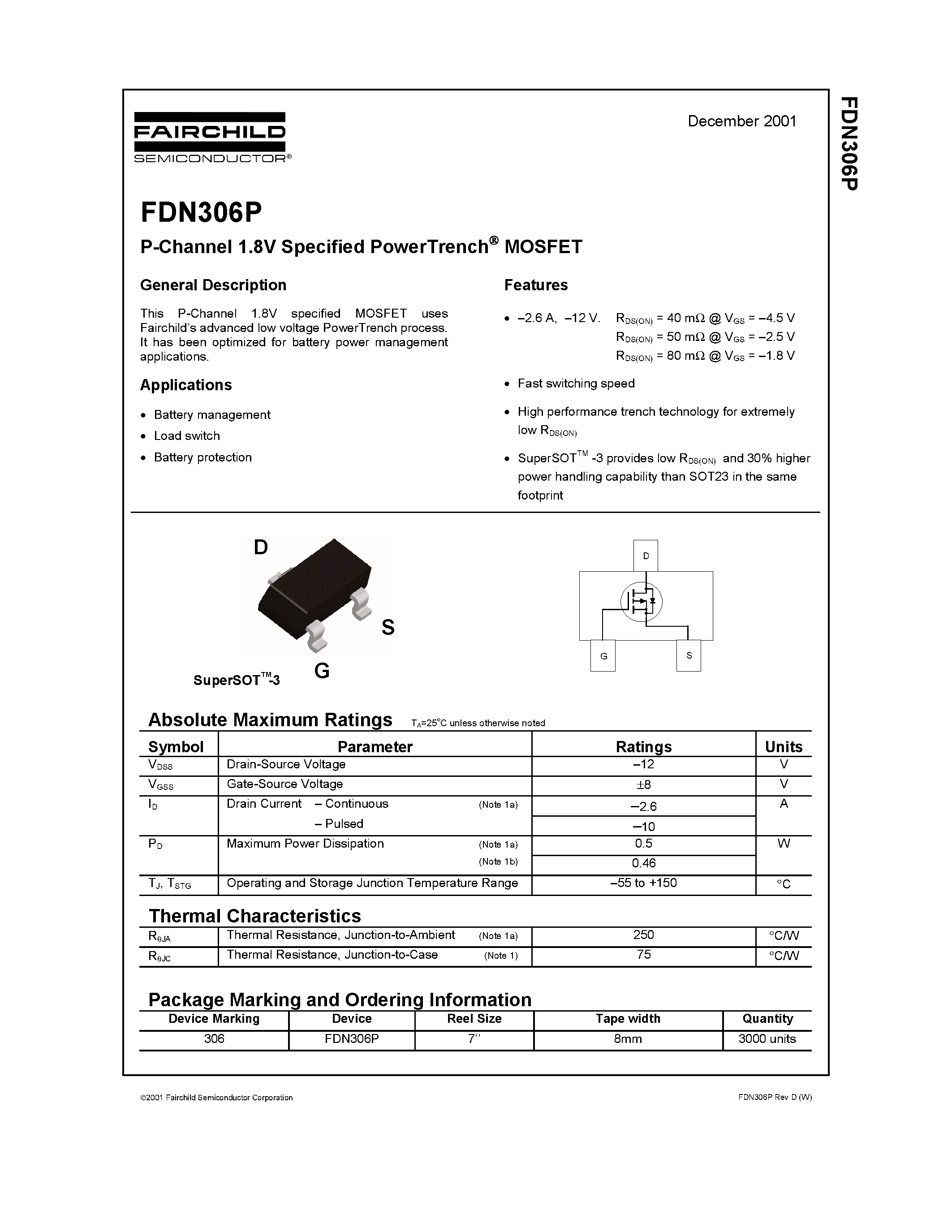 Datasheet FDN306P - P-Channel 1.8V Specified PowerTrench MOSFET page 1