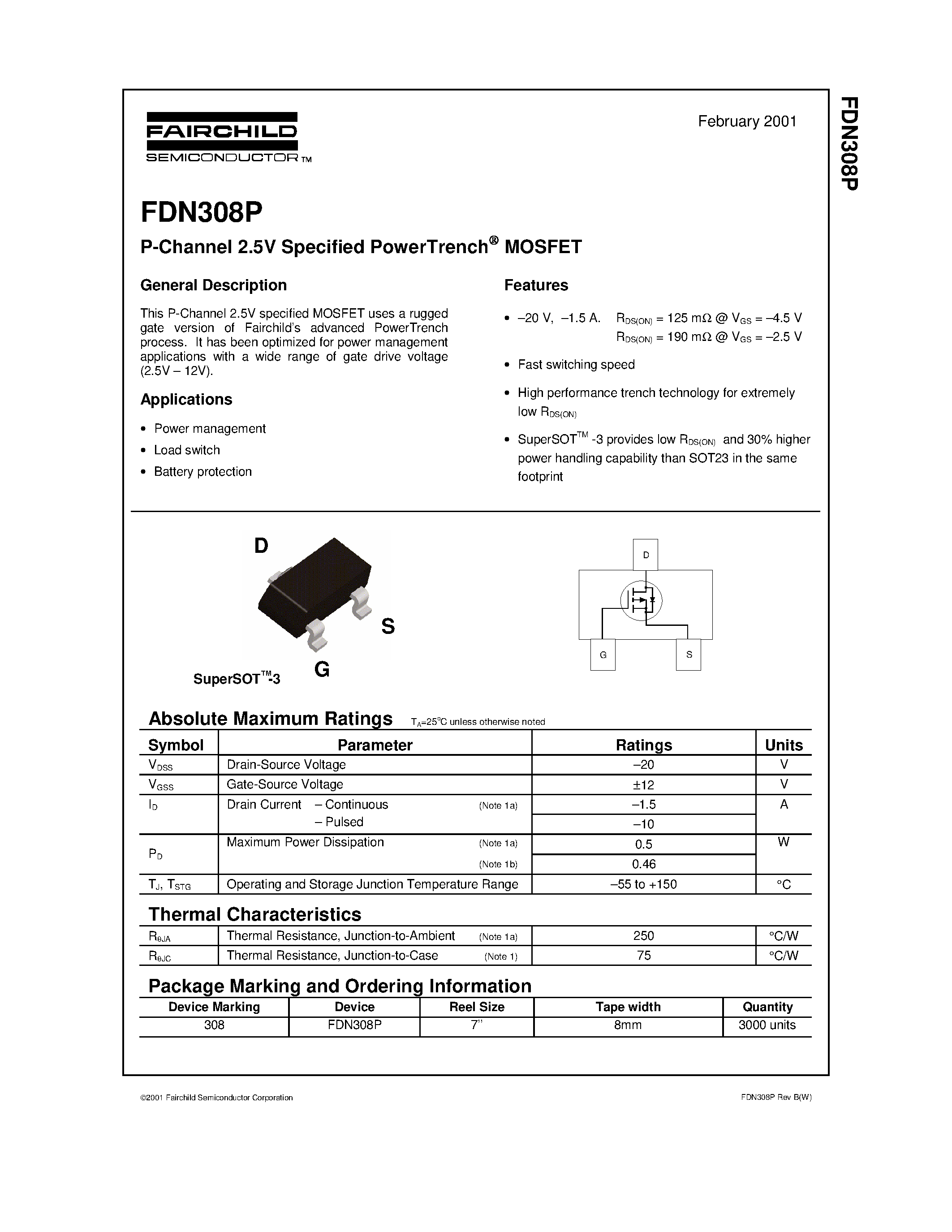 Datasheet FDN308P - P-Channel 2.5V Specified PowerTrench MOSFET page 1