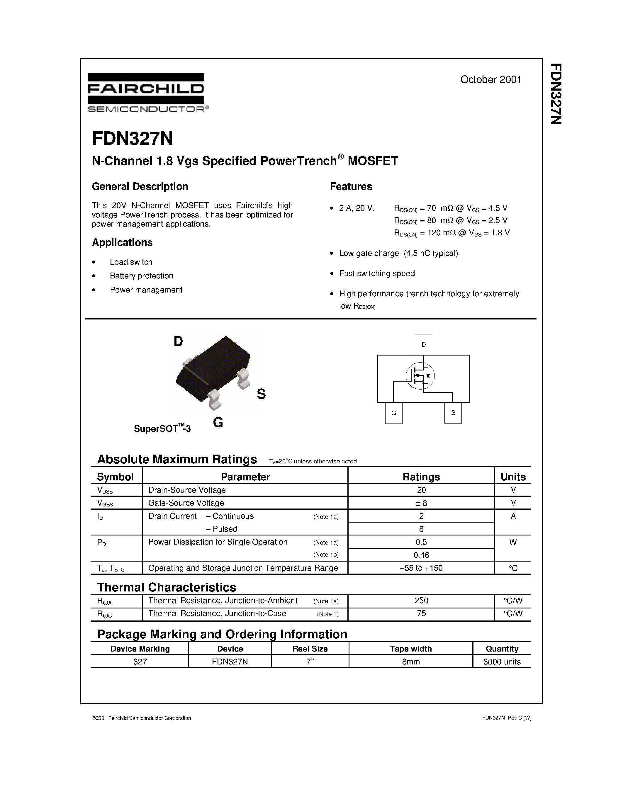 Datasheet FDN327N - N-Channel 1.8 Vgs Specified PowerTrench MOSFET page 1