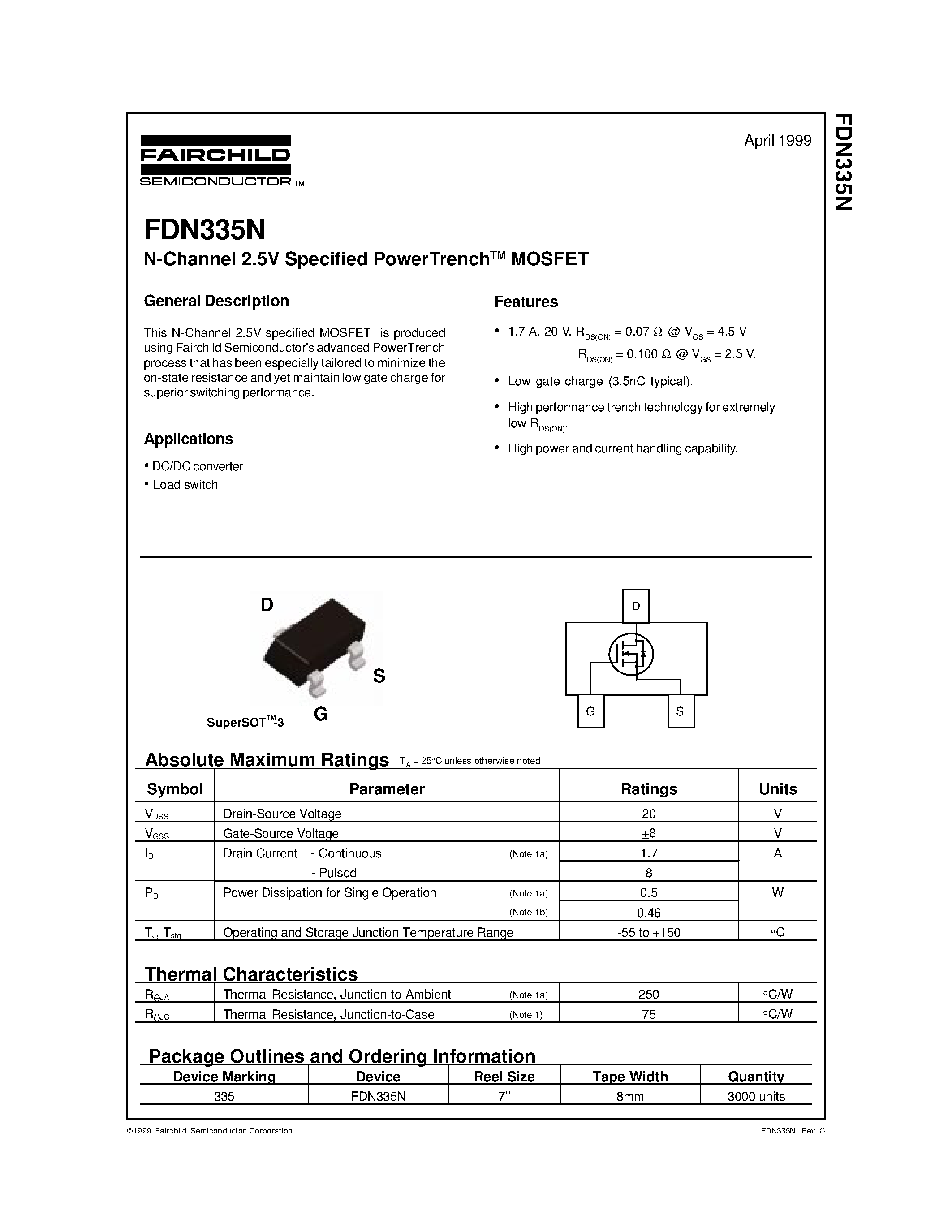 Datasheet FDN335 - N-Channel 2.5V Specified PowerTrenchTM MOSFET page 1