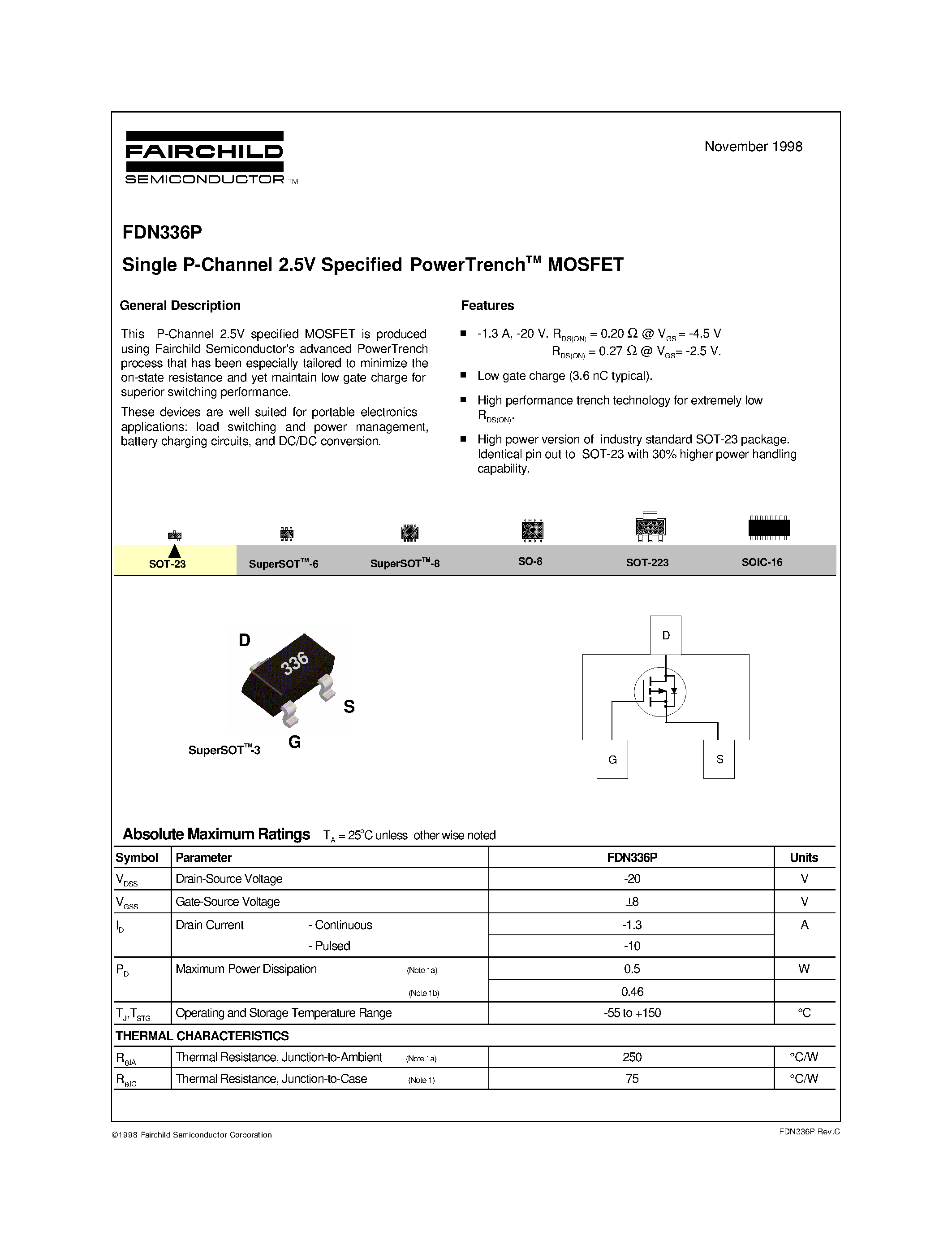 Даташит FDN336 - Single P-Channel 2.5V Specified PowerTrenchTM MOSFET страница 1