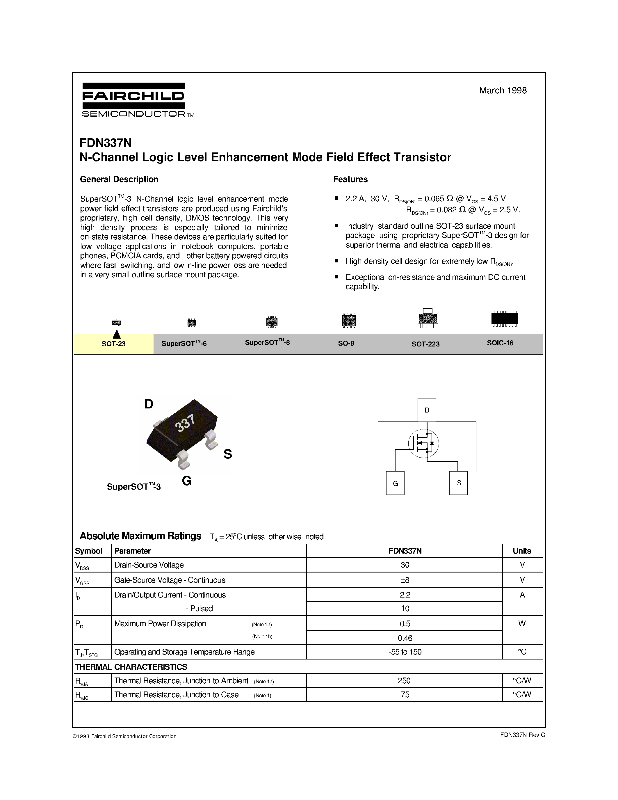 Даташит FDN337N - N-Channel Logic Level Enhancement Mode Field Effect Transistor страница 1