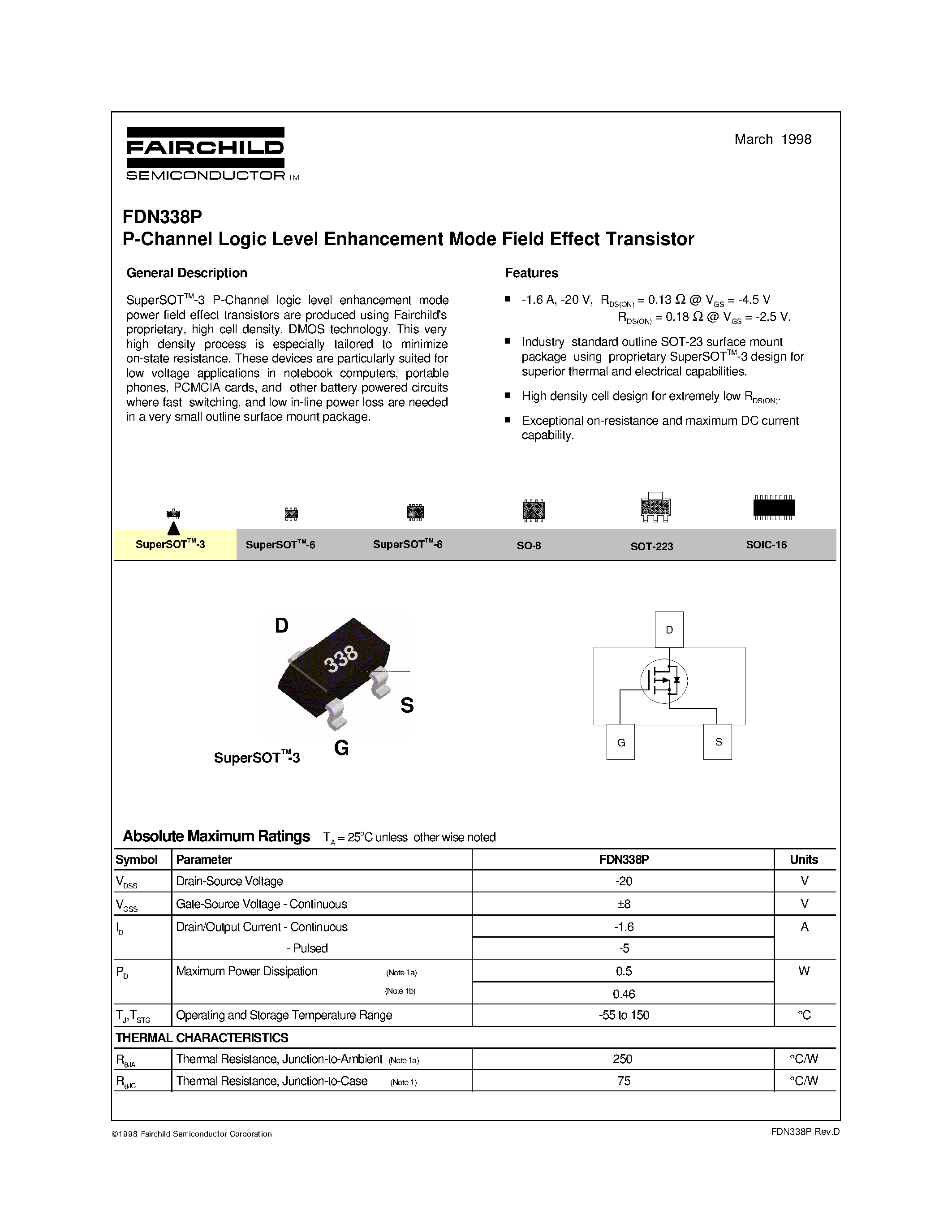 Даташит FDN338 - P-Channel Logic Level Enhancement Mode Field Effect Transistor страница 1