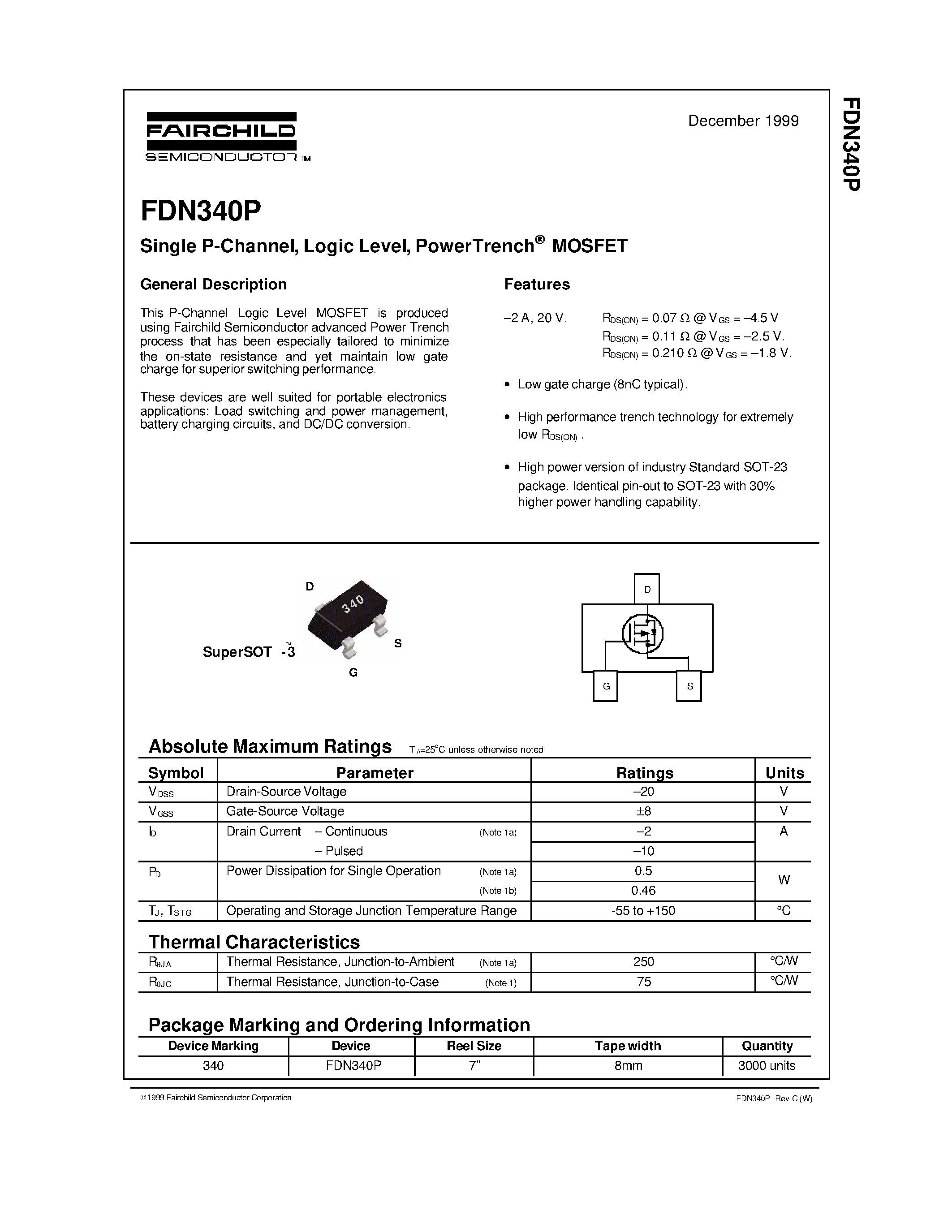 Даташит FDN340 - Single P-Channel/ Logic Level/ PowerTrench MOSFET страница 1