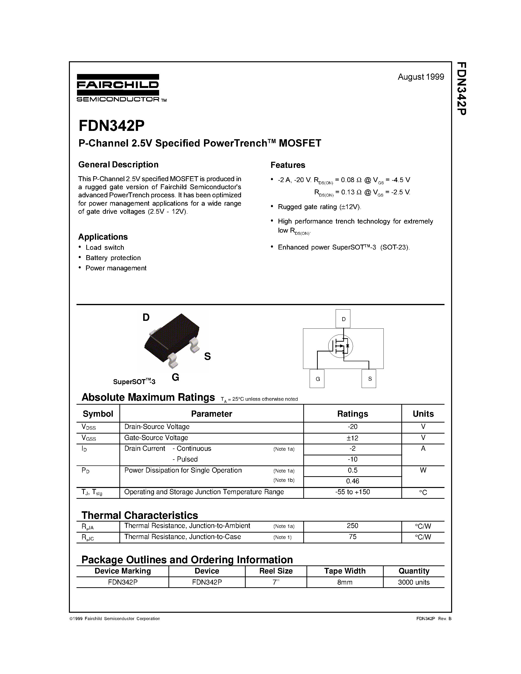 Даташит FDN342P - P-Channel 2.5V Specified PowerTrench MOSFET страница 1