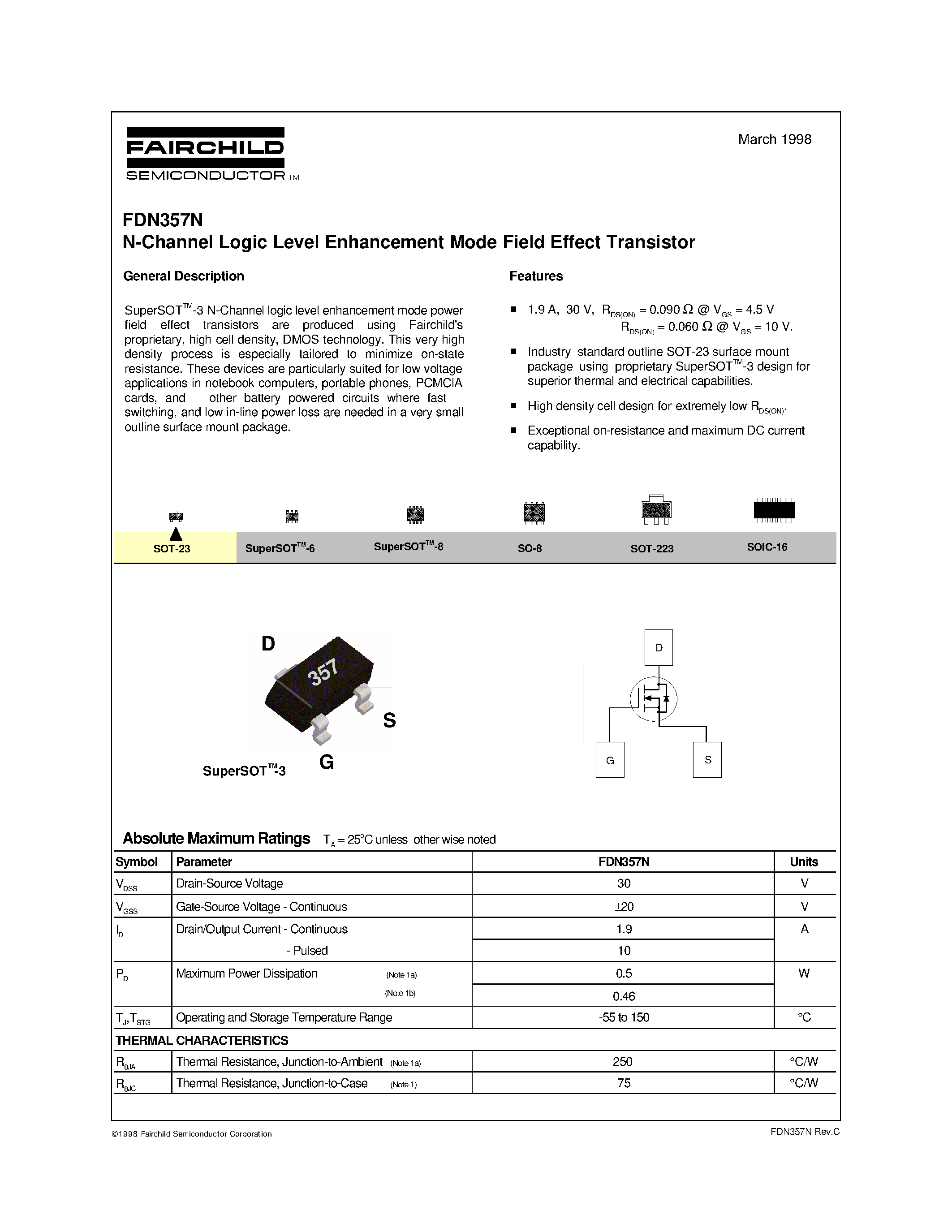 Datasheet FDN357N - N-Channel Logic Level Enhancement Mode Field Effect Transistor page 1