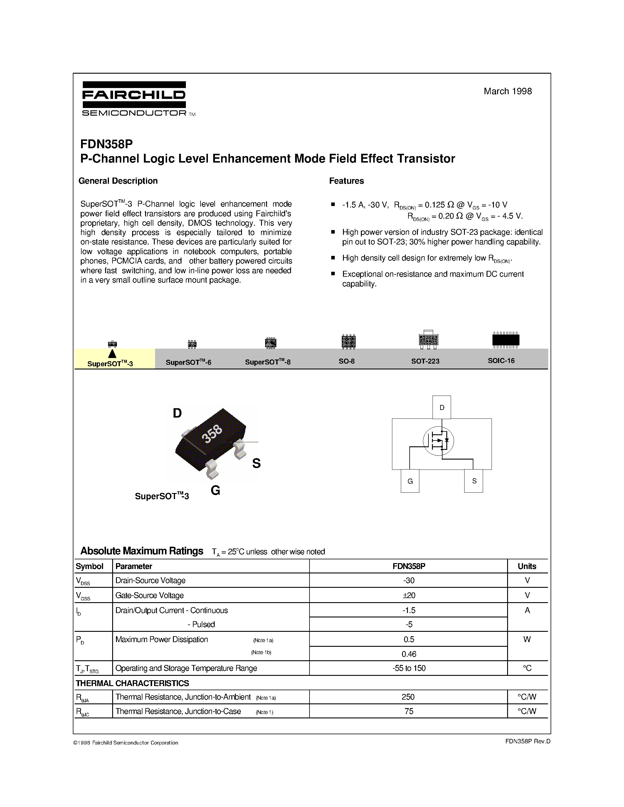 Даташит FDN358 - P-Channel Logic Level Enhancement Mode Field Effect Transistor страница 1