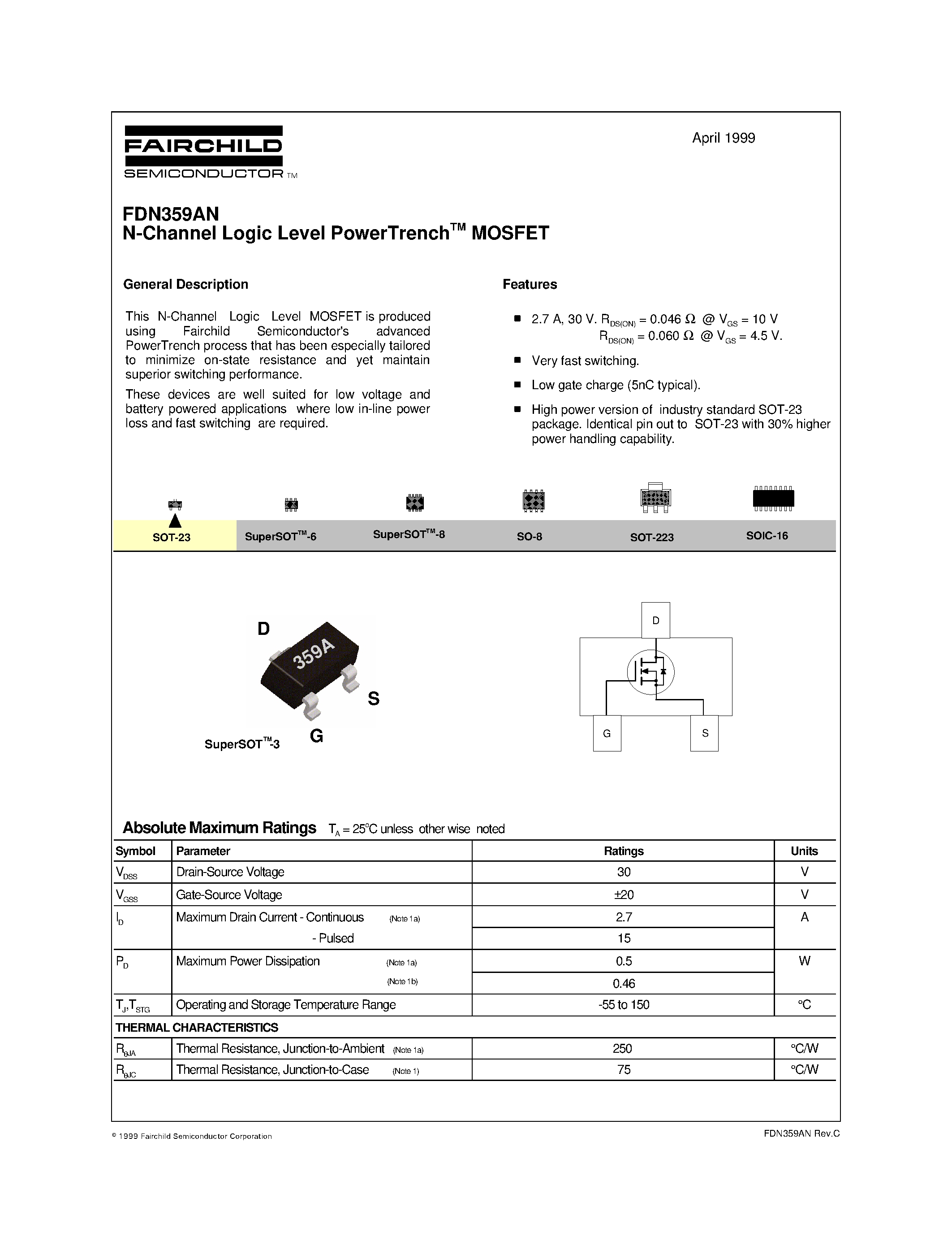 Datasheet FDN359 - N-Channel Logic Level PowerTrenchTM MOSFET page 1