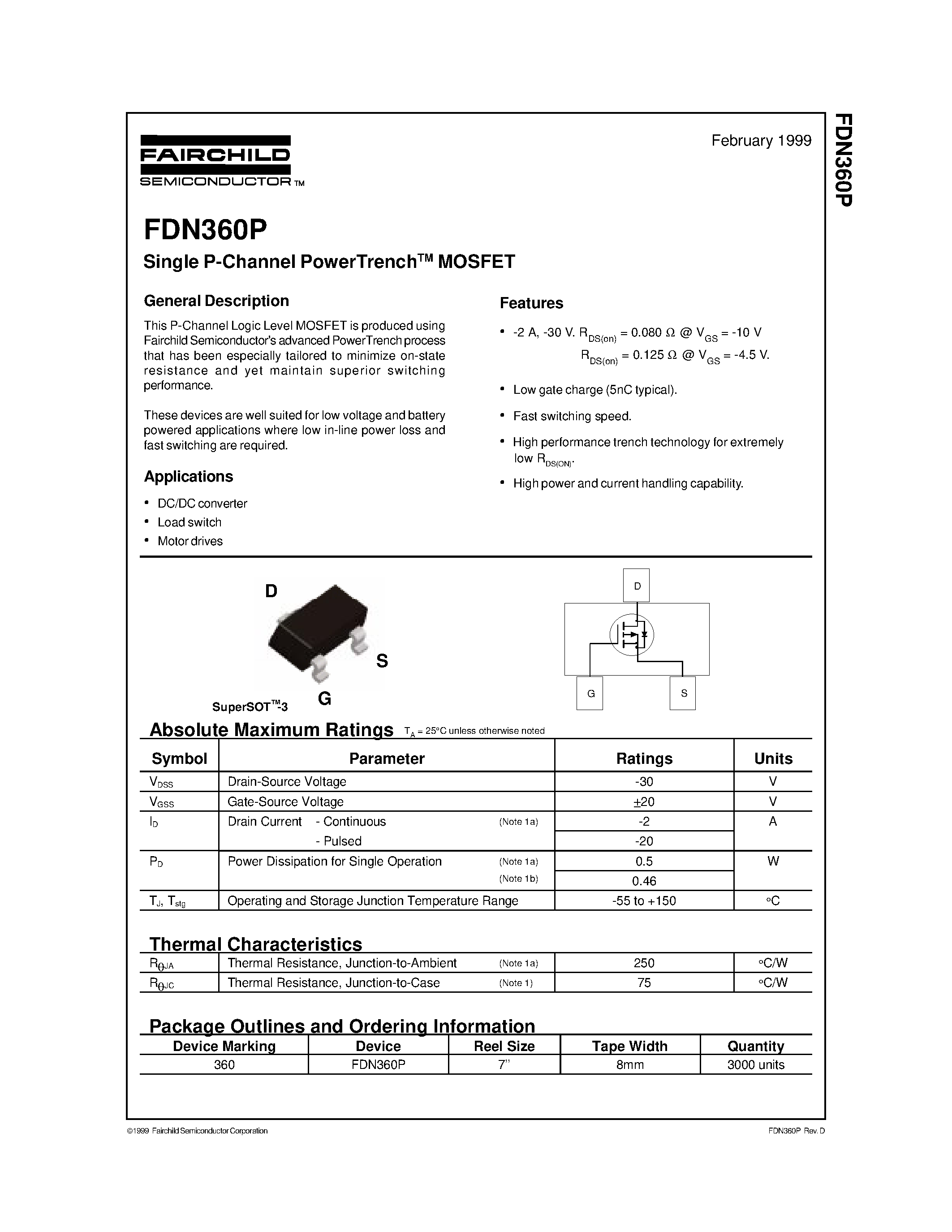 Datasheet FDN360 - Single P-Channel PowerTrenchTM MOSFET page 1