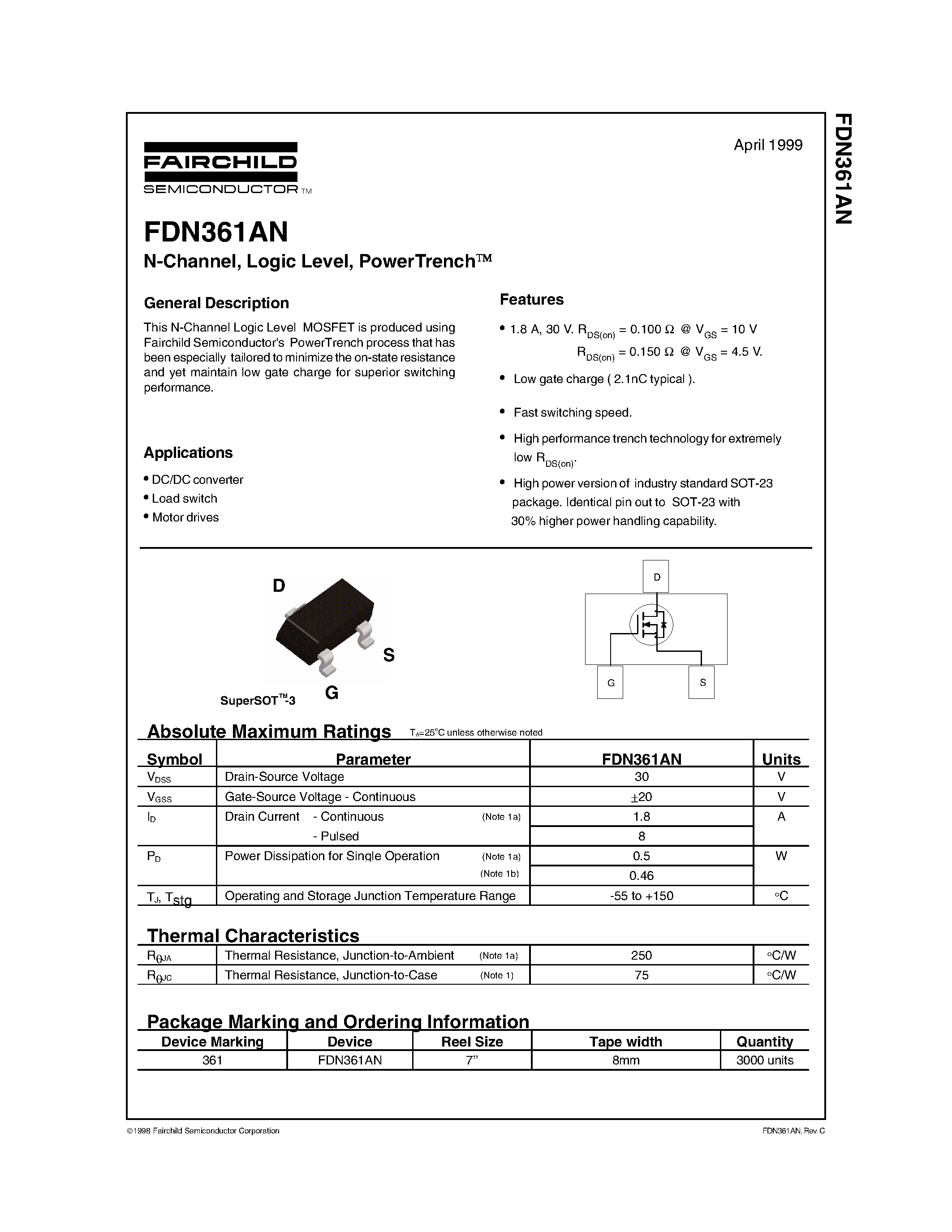 Datasheet FDN361 - N-Channel/ Logic Level/ PowerTrench page 1