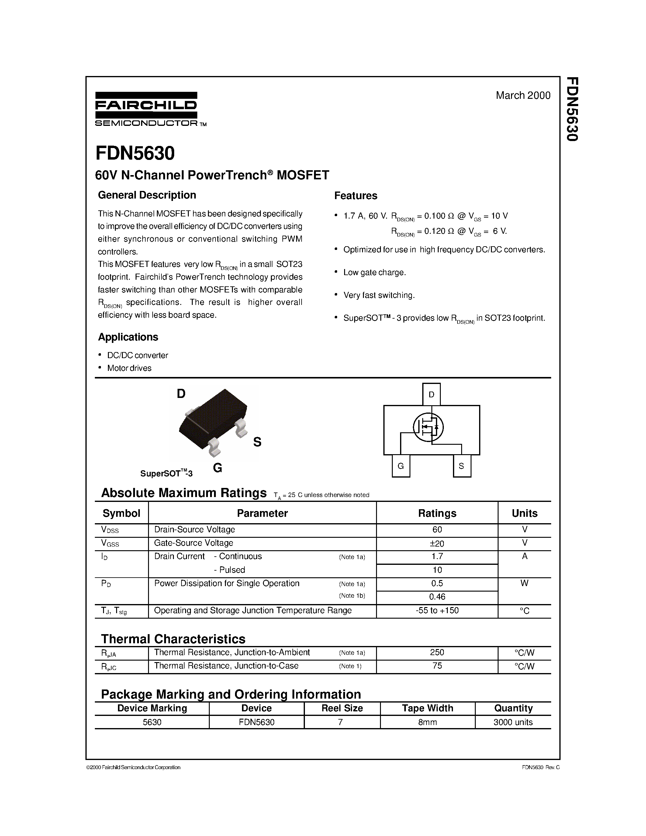 Даташит FDN5630 - 60V N-Channel PowerTrench MOSFET страница 1
