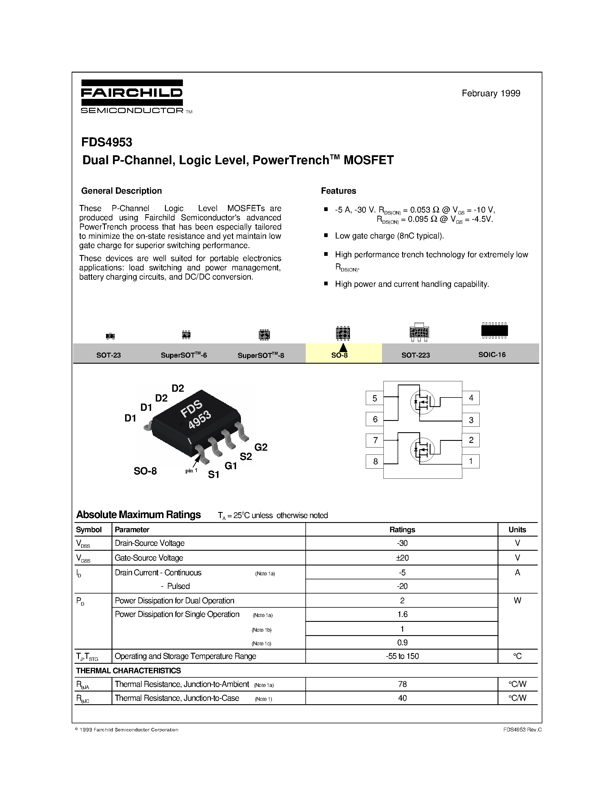Datasheet FDS4953 - Dual P-Channel/ Logic Level/ PowerTrenchTM MOSFET page 1