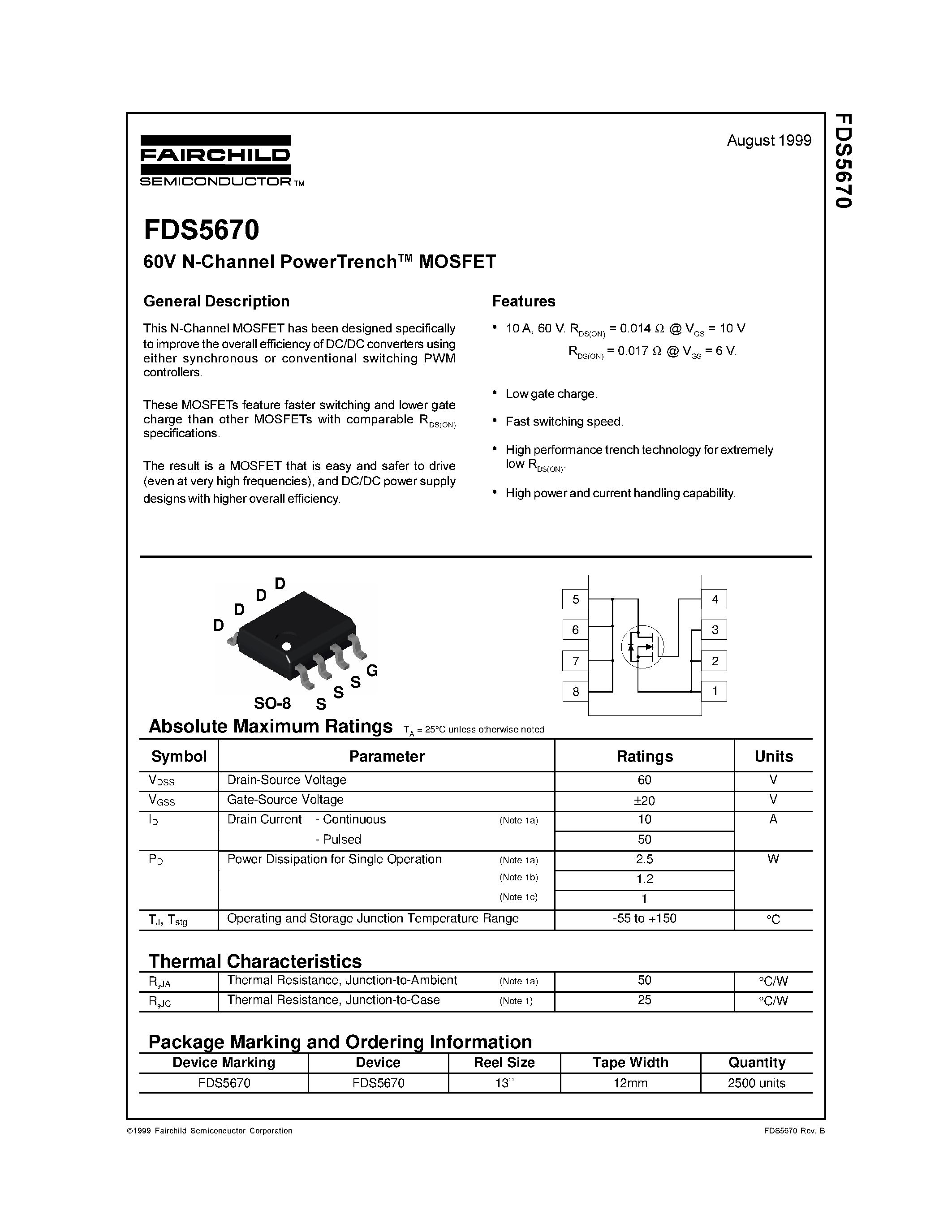 Datasheet FDS5670 - 60V N-Channel PowerTrench MOSFET page 1