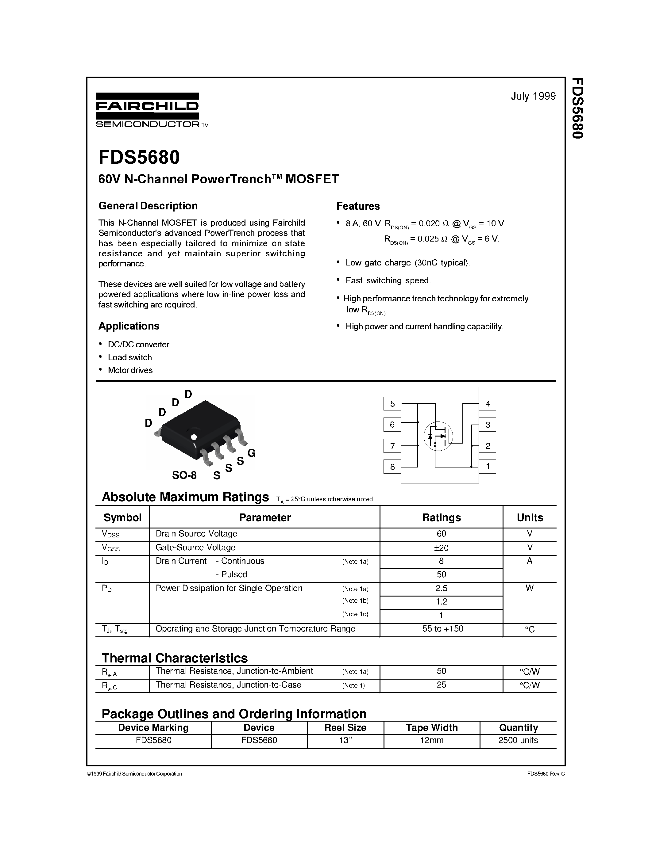 Datasheet FDS5680 - 60V N-Channel PowerTrench MOSFET page 1