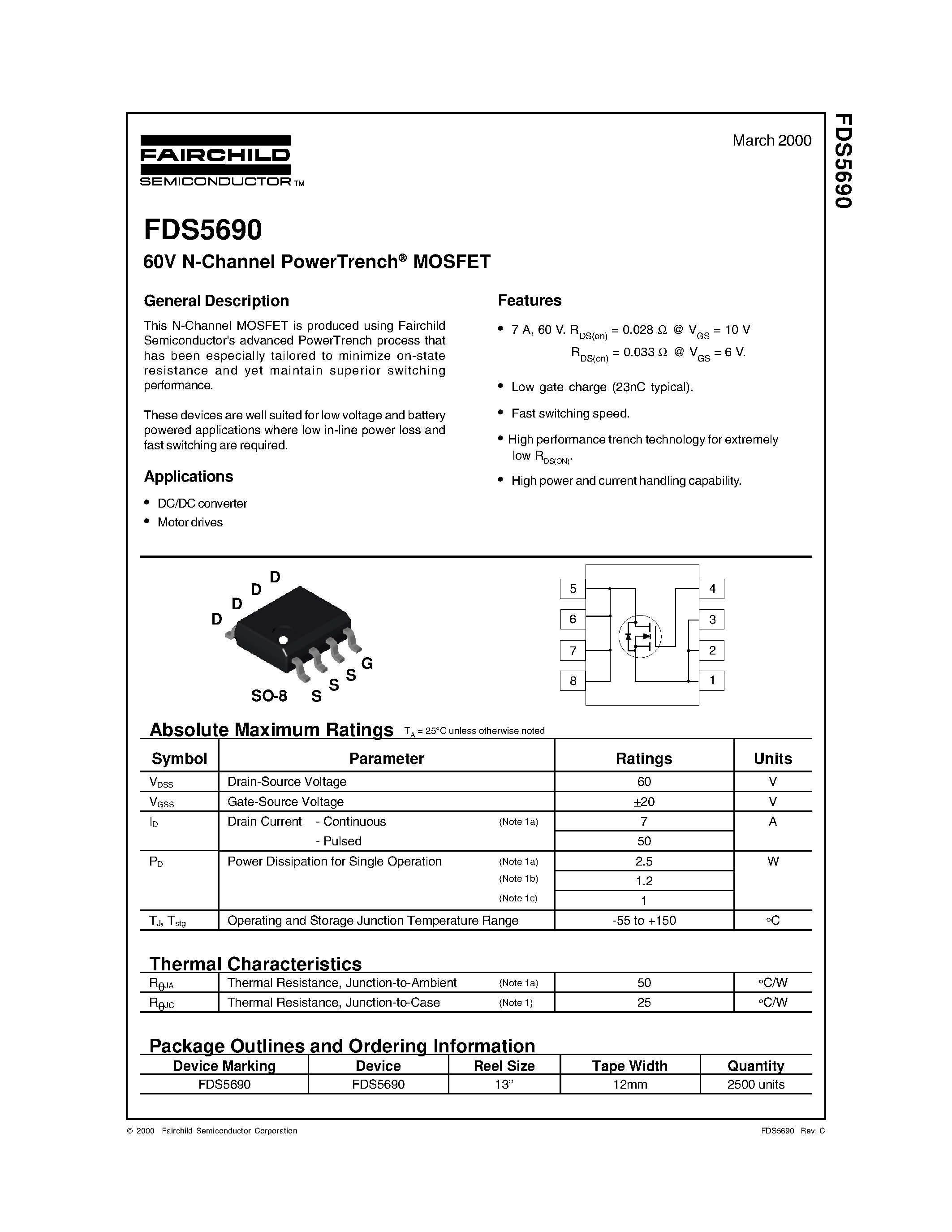Даташит FDS5690 - 60V N-Channel PowerTrench MOSFET страница 1
