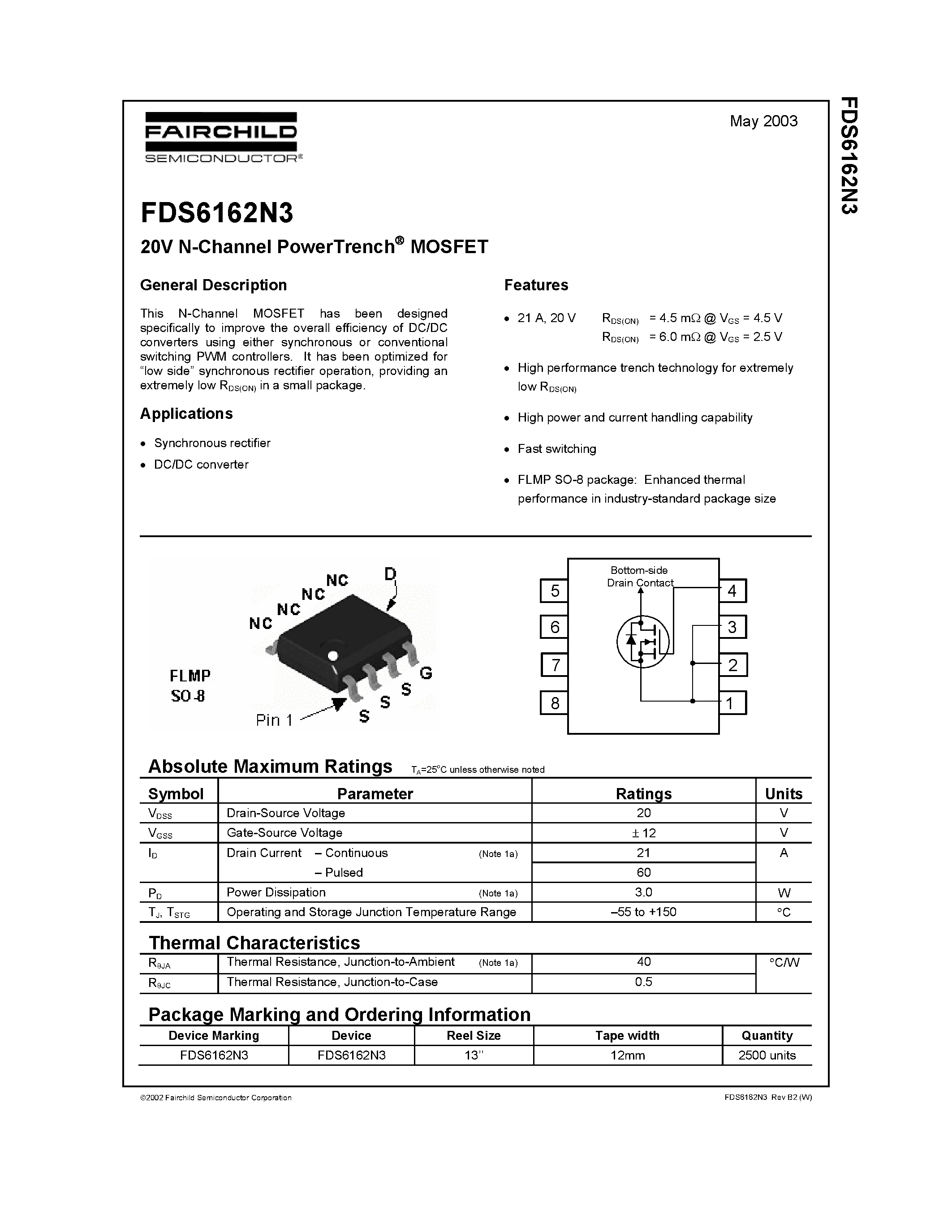 Datasheet FDS6162N3 - 20V N-Channel PowerTrench MOSFET page 1
