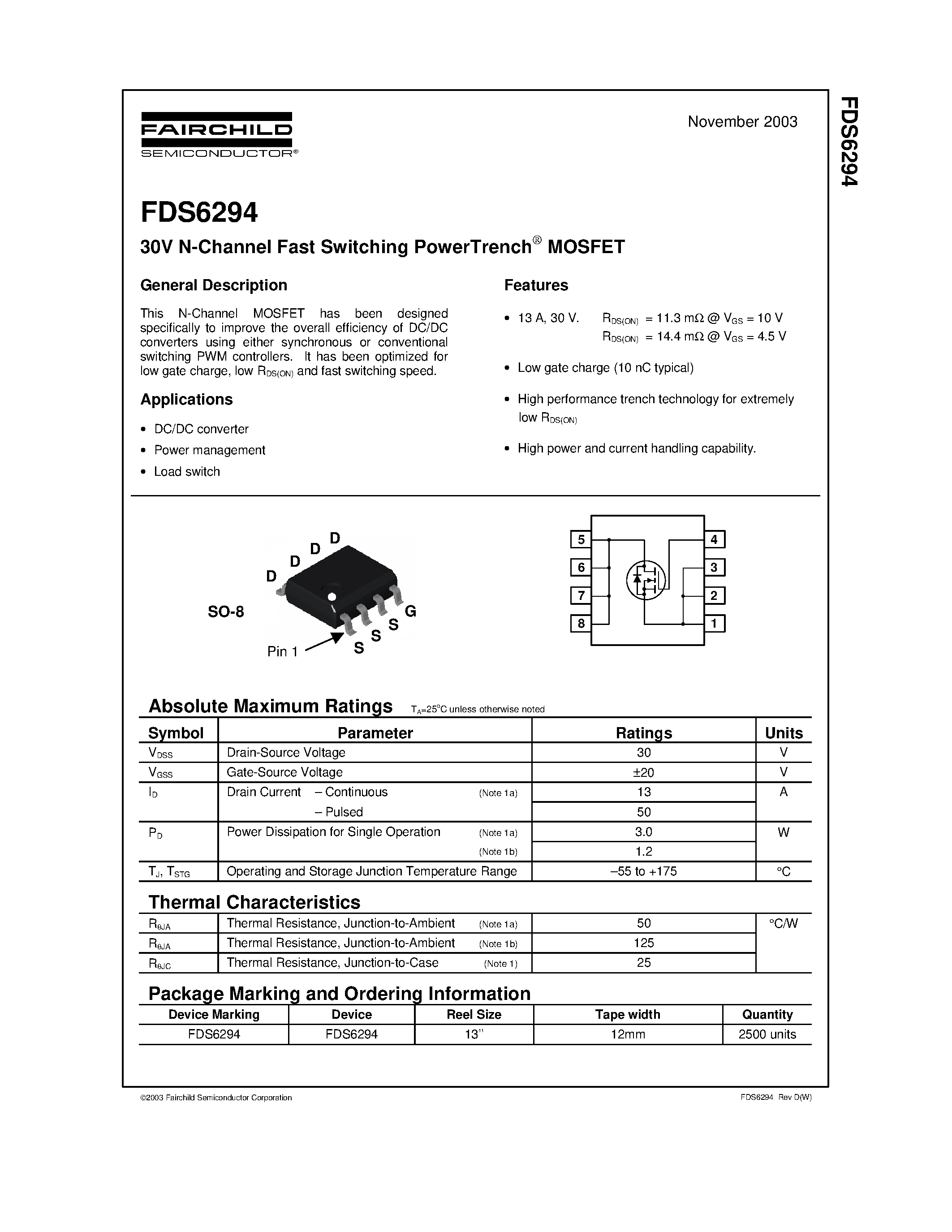 Даташит FDS6294 - 30V N-Channel Fast Switching PowerTrench MOSFET страница 1