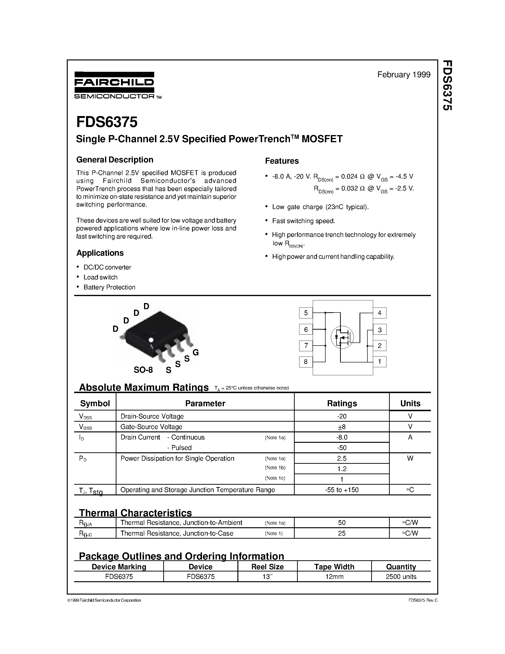 Datasheet FDS6375 - Single P-Channel 2.5V Specified PowerTrenchTM MOSFET page 1