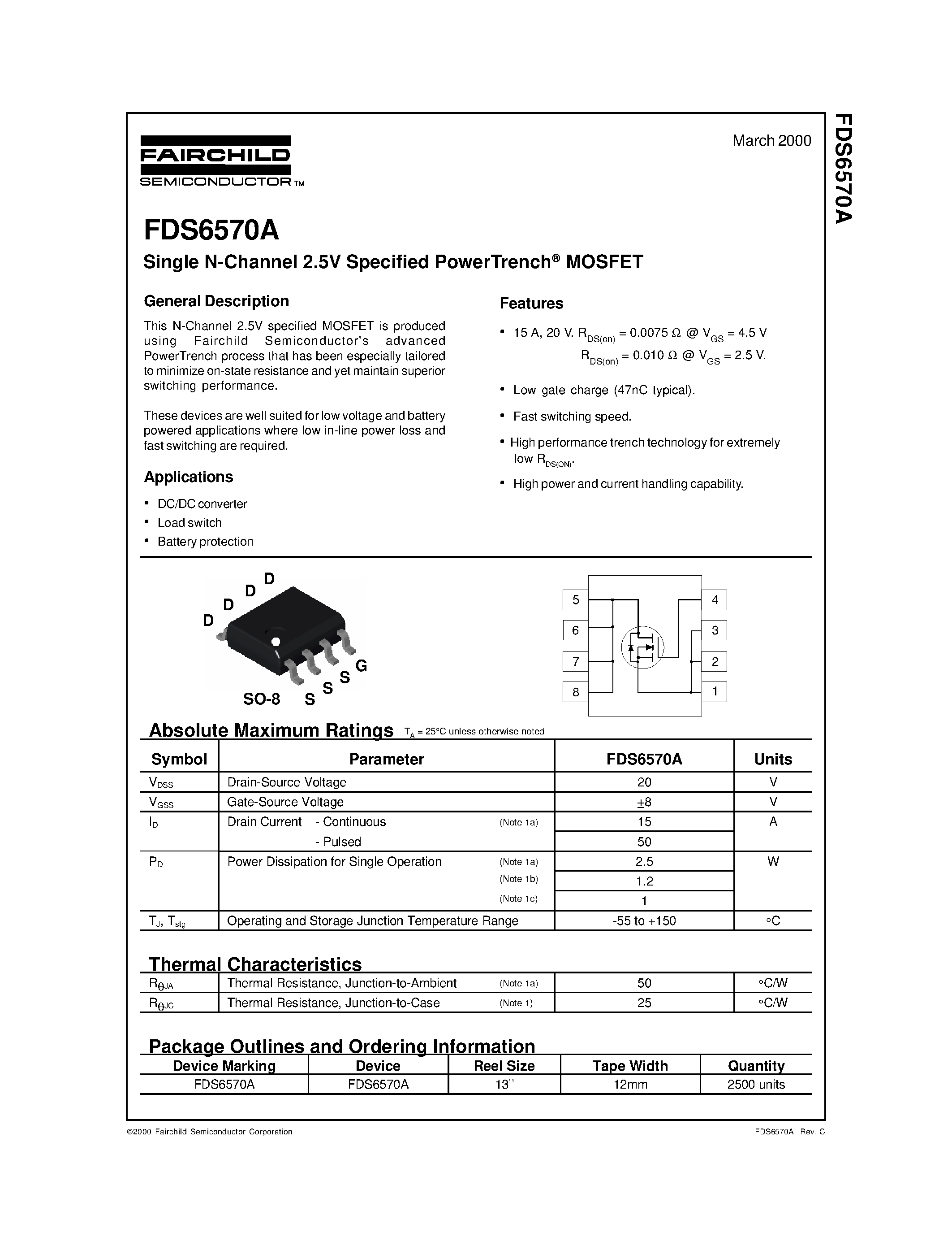 Даташит FDS6570A - Single N-Channel 2.5V Specified PowerTrench MOSFET страница 1
