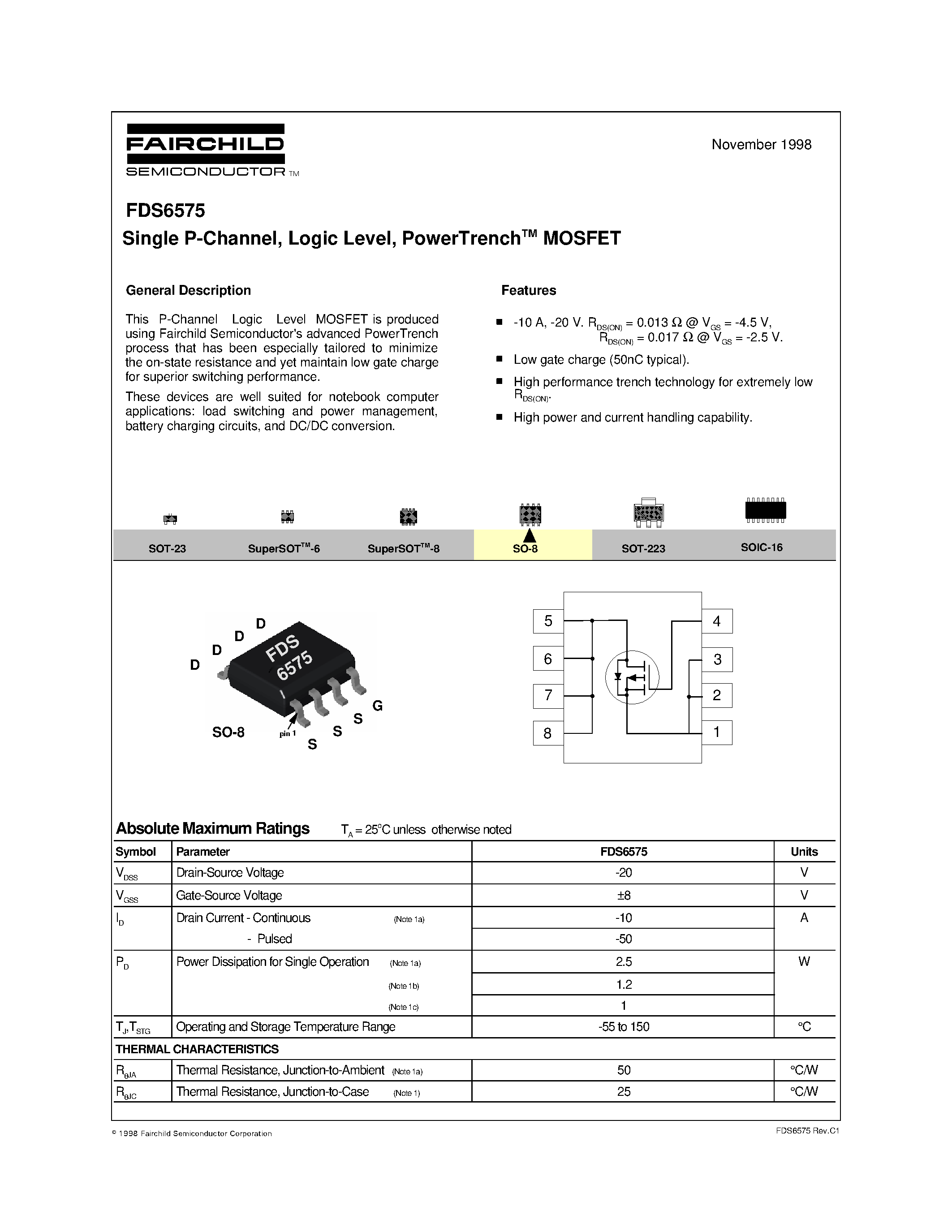 Datasheet FDS6575 - Single P-Channel/ Logic Level/ PowerTrenchTM MOSFET page 1