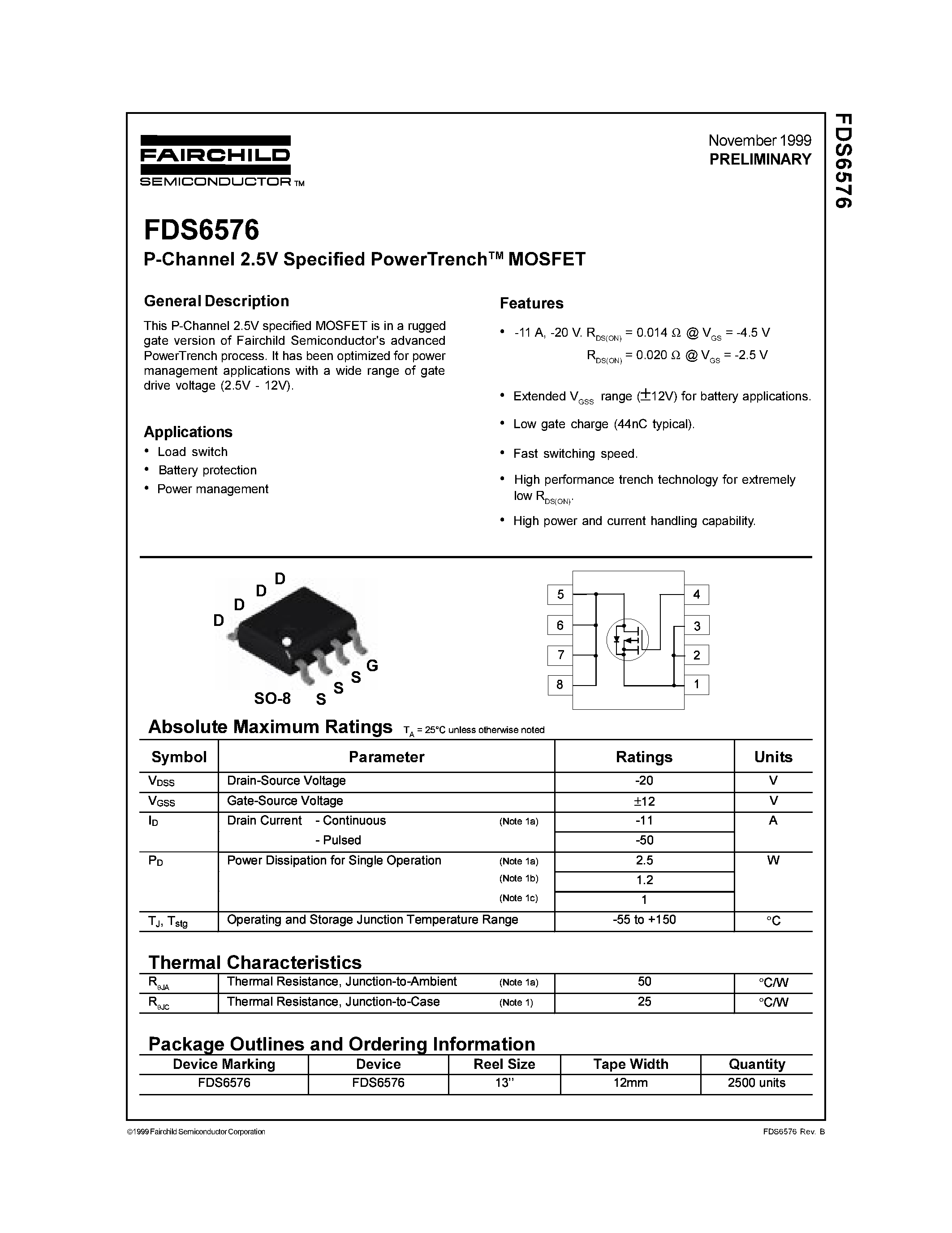 Даташит FDS6576 - P-Channel 2.5V Specified PowerTrenchTM MOSFET страница 1