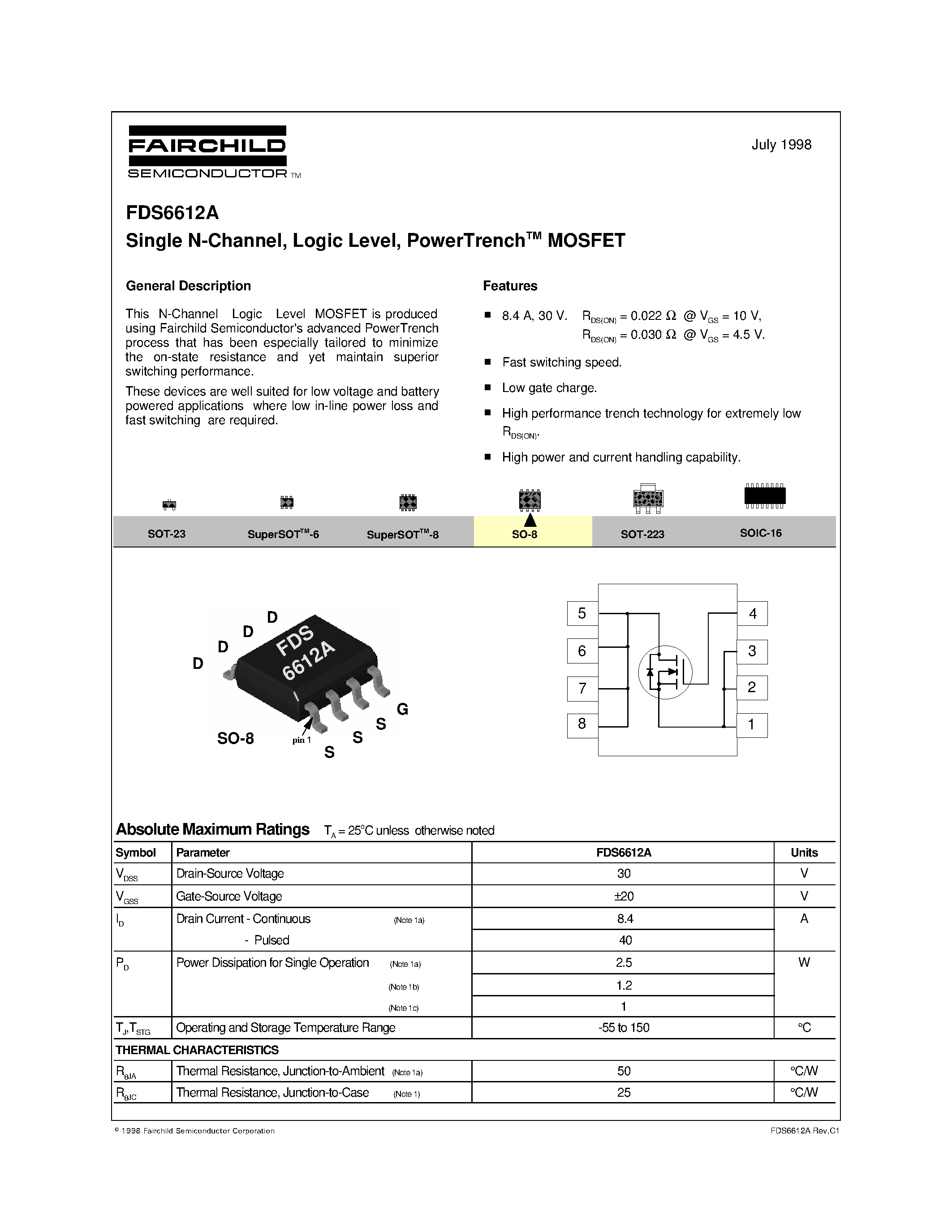Даташит FDS6612A - Single N-Channel/ Logic Level/ PowerTrenchTM MOSFET страница 1