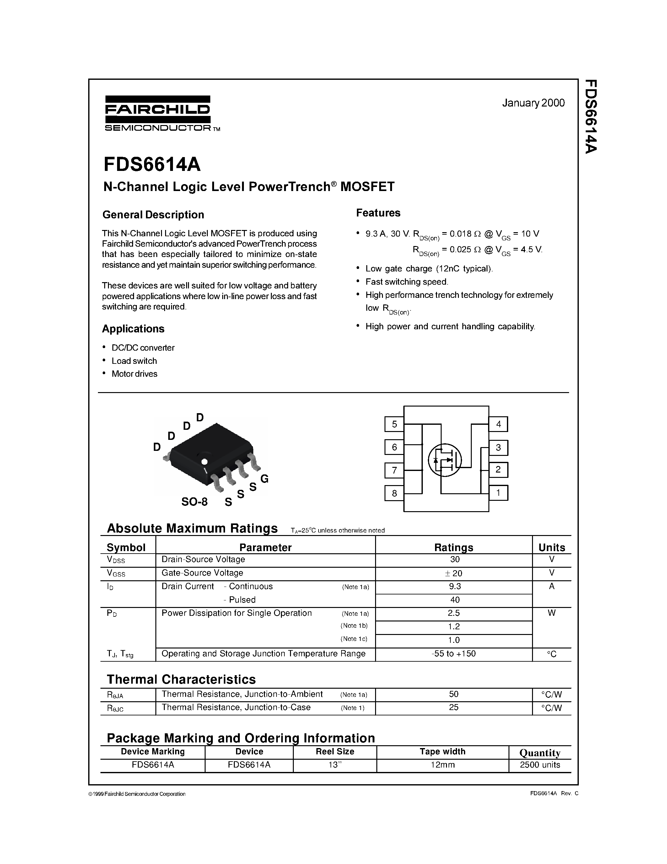 Даташит FDS6614A - N-Channel Logic Level PowerTrench MOSFET страница 1