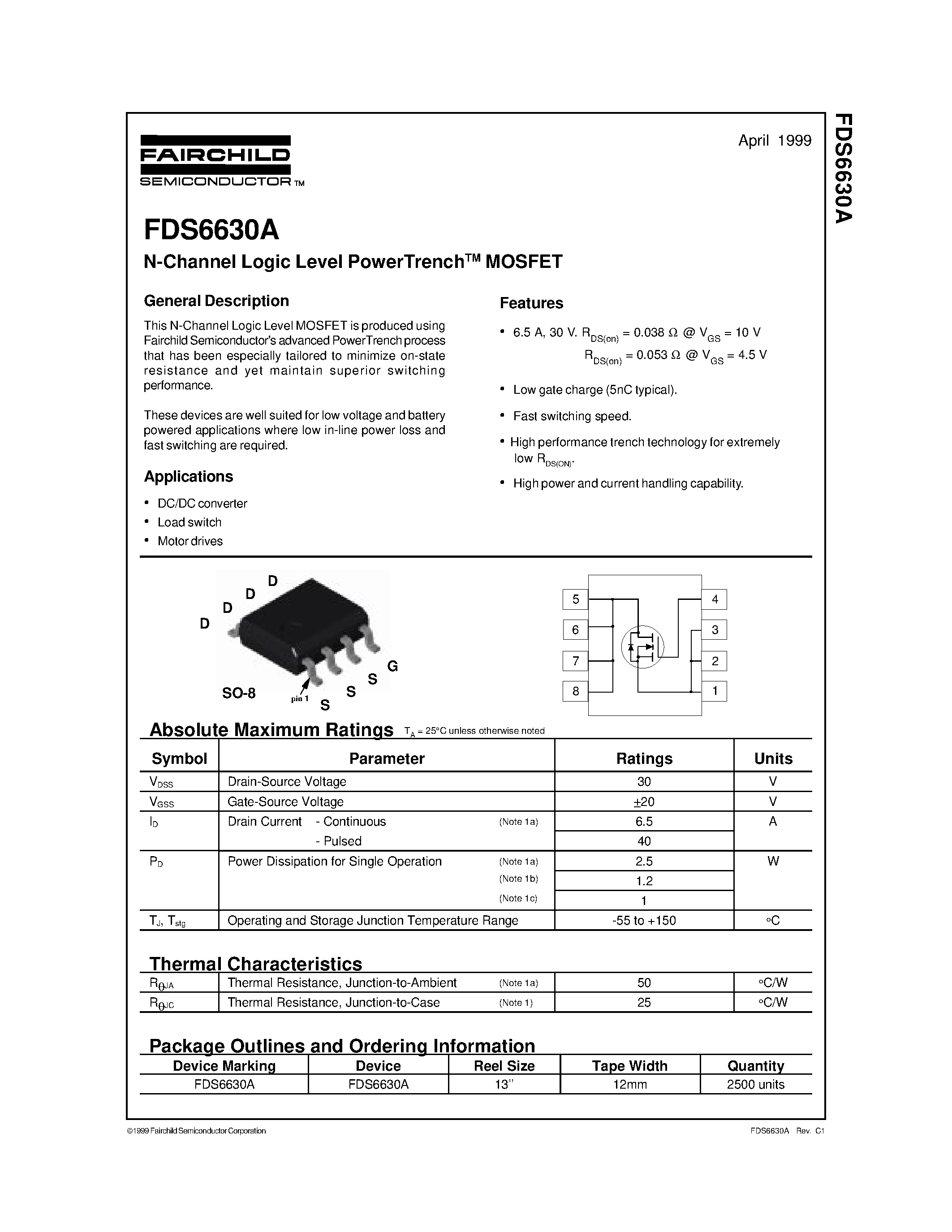 Даташит FDS6630 - N-Channel Logic Level PowerTrenchTM MOSFET страница 1