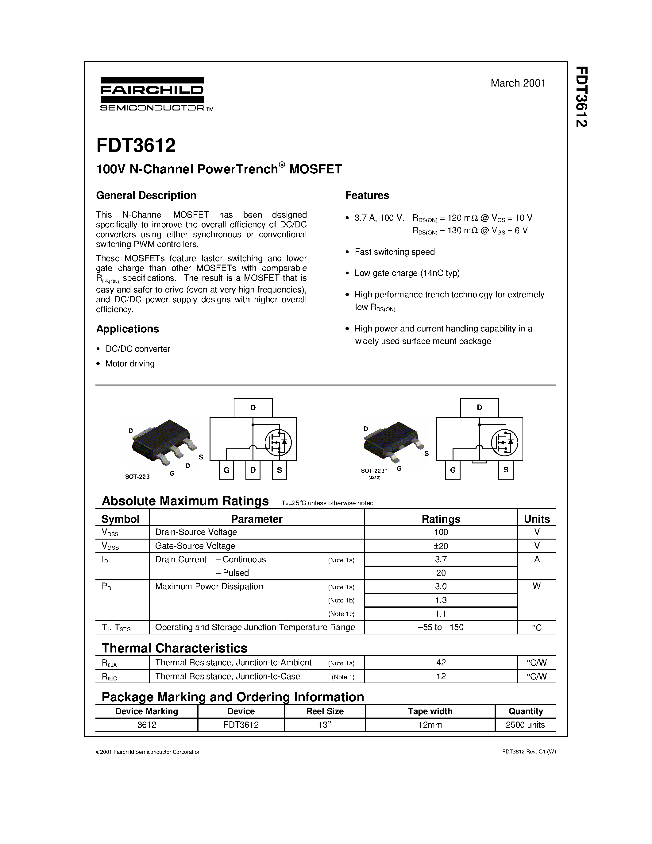Даташит FDT3612 - 100V N-Channel PowerTrench MOSFET страница 1