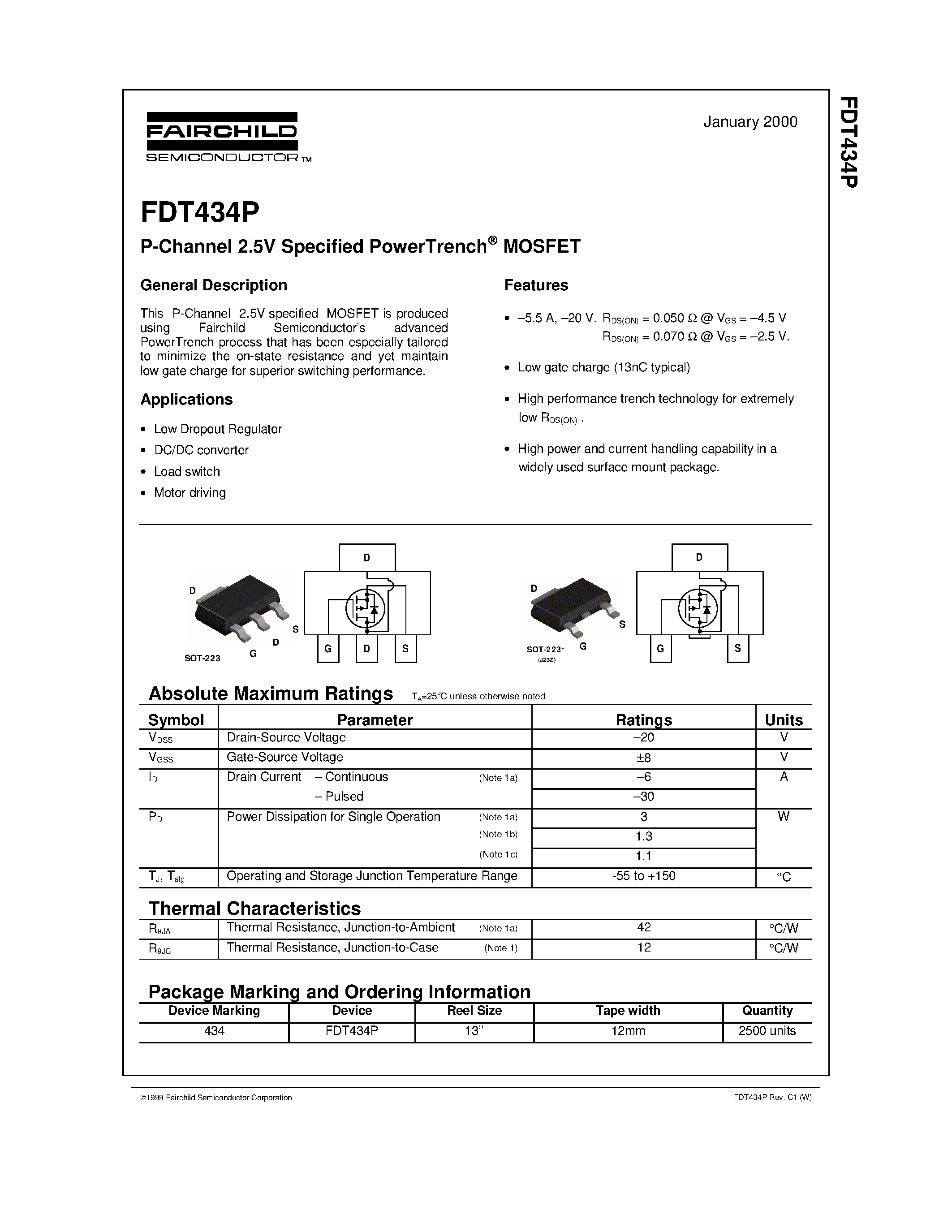 Даташит FDT434P - P-Channel 2.5V Specified PowerTrench MOSFET страница 1