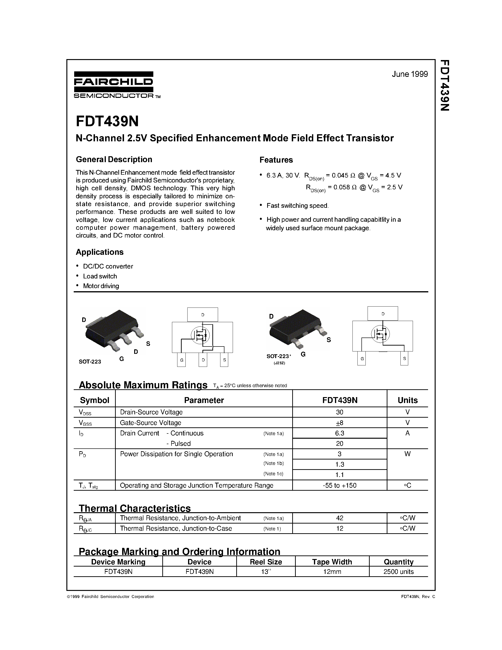 Datasheet FDT439N - N-Channel 2.5V Specified EnhancementMode Field Effect Transistor page 1