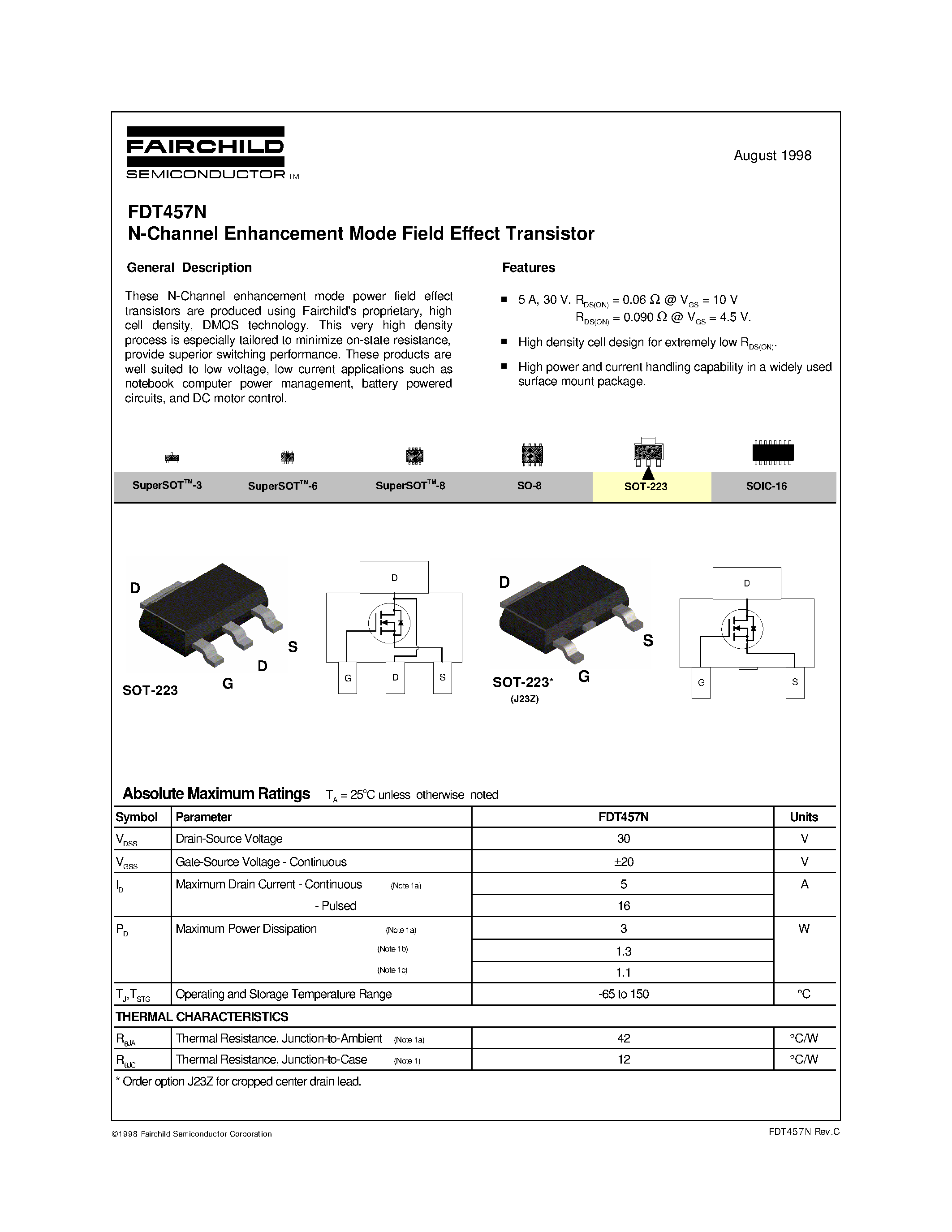 Datasheet FDT457N - N-Channel Enhancement Mode Field Effect Transistor page 1