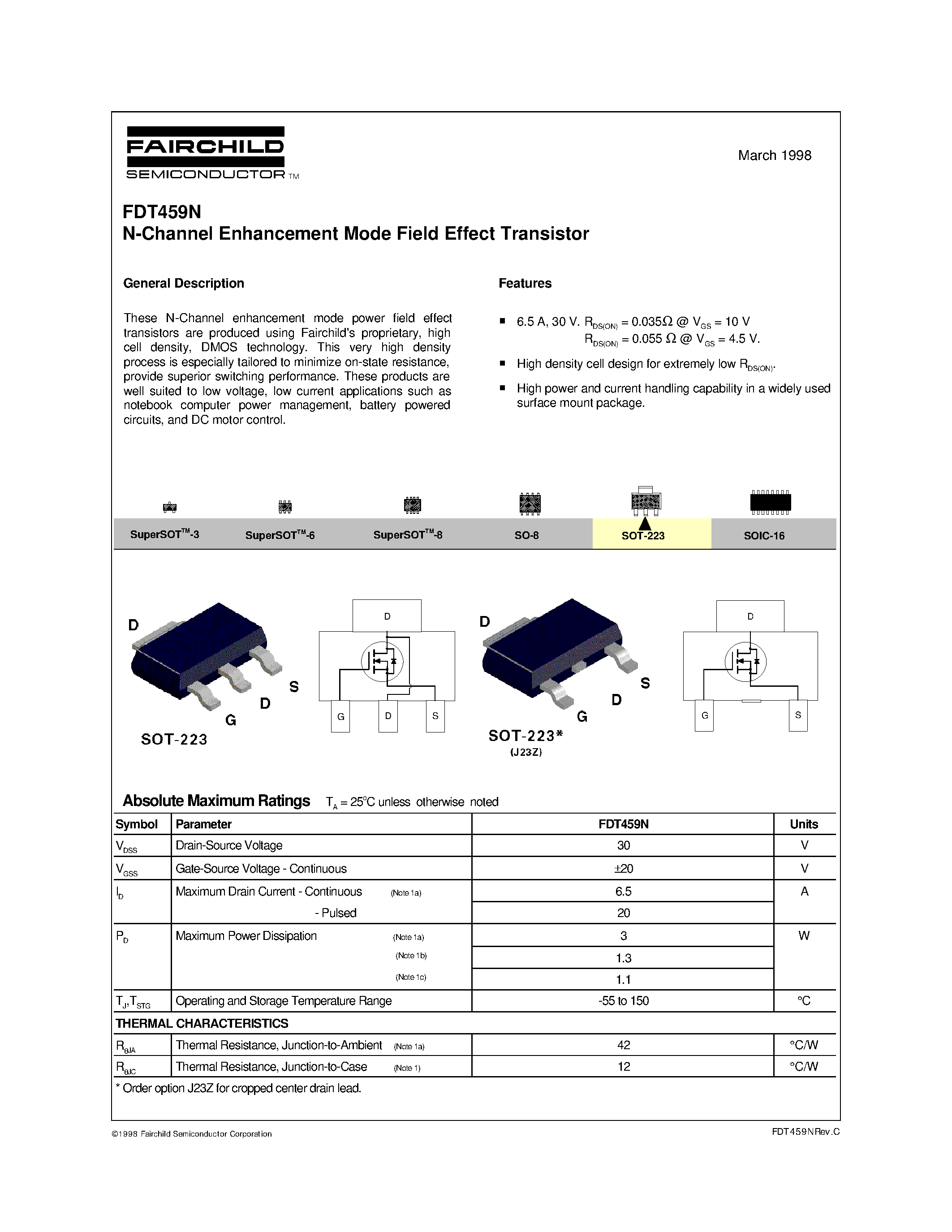 Даташит FDT459N - N-Channel Enhancement Mode Field Effect Transistor страница 1