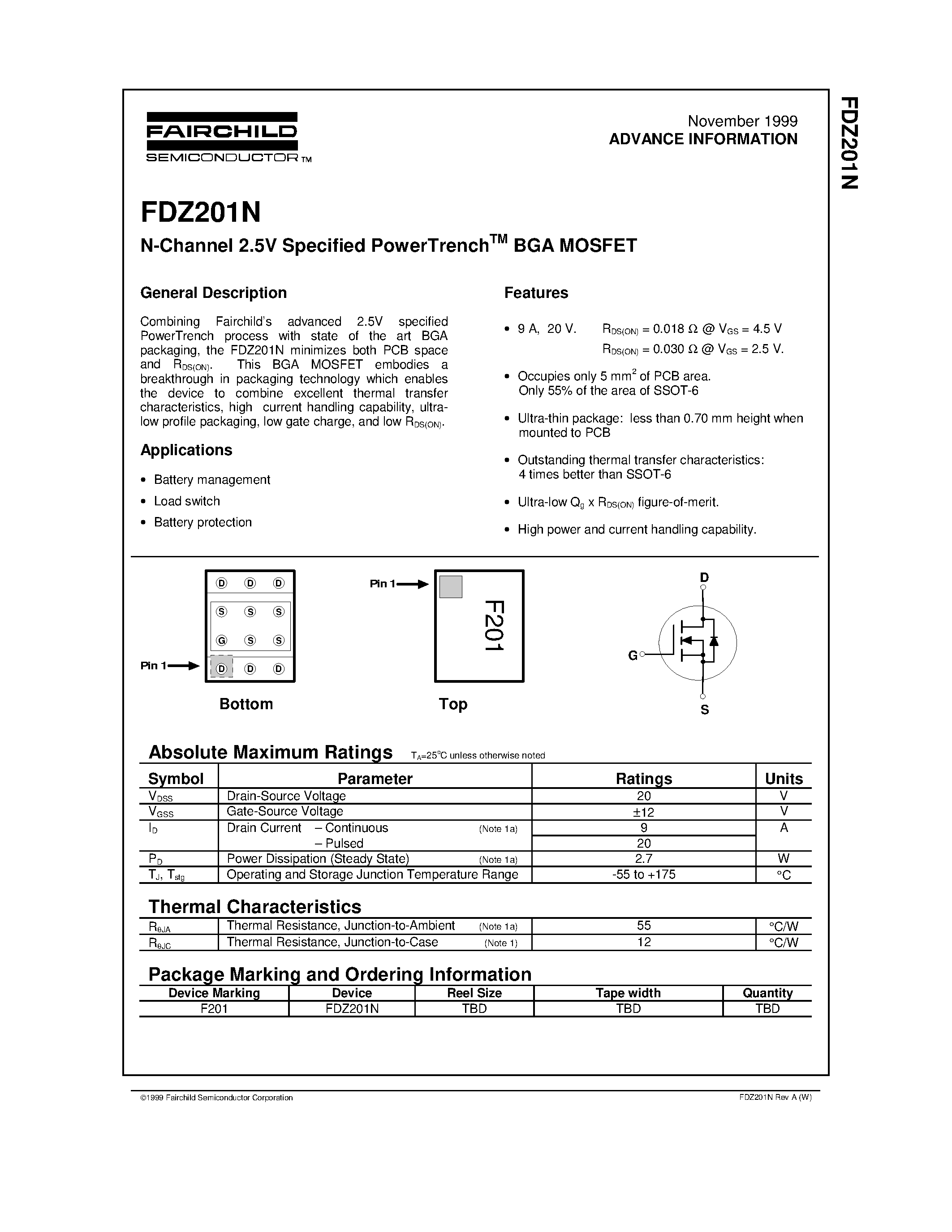 Даташит FDZ201N - N-Channel 2.5V Specified PowerTrenchTM BGA MOSFET страница 1
