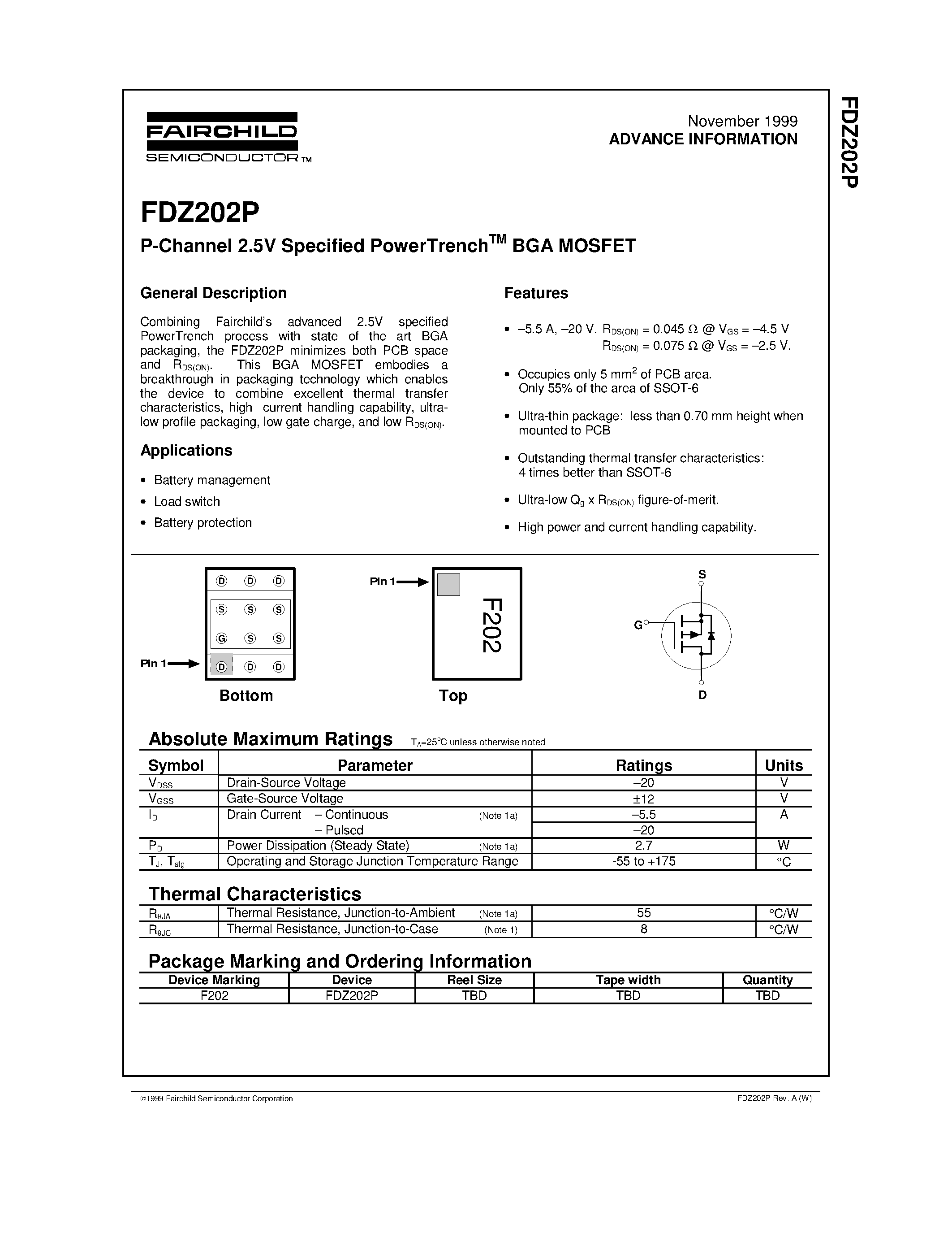 Даташит FDZ202P - P-Channel 2.5V Specified PowerTrenchTM BGA MOSFET страница 1