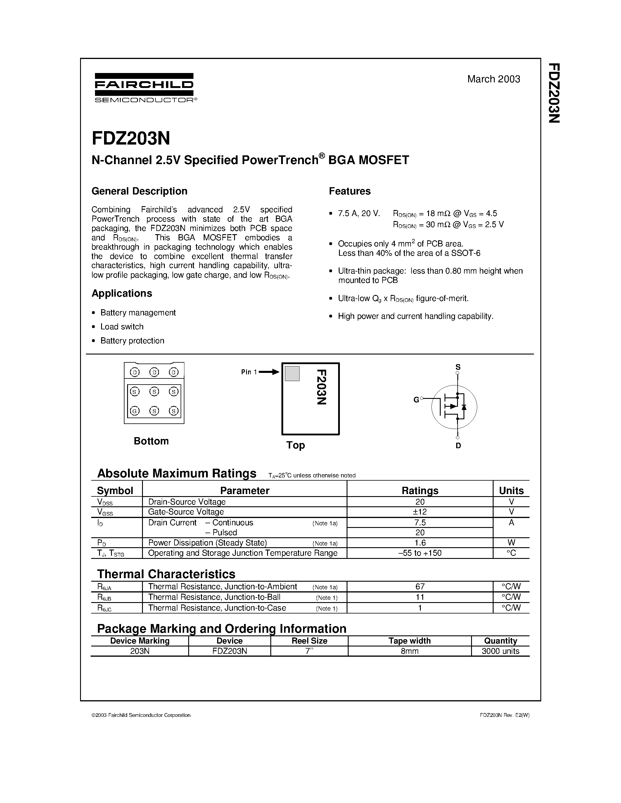 Даташит FDZ203N - N-Channel 2.5V Specified PowerTrench BGA MOSFET страница 1